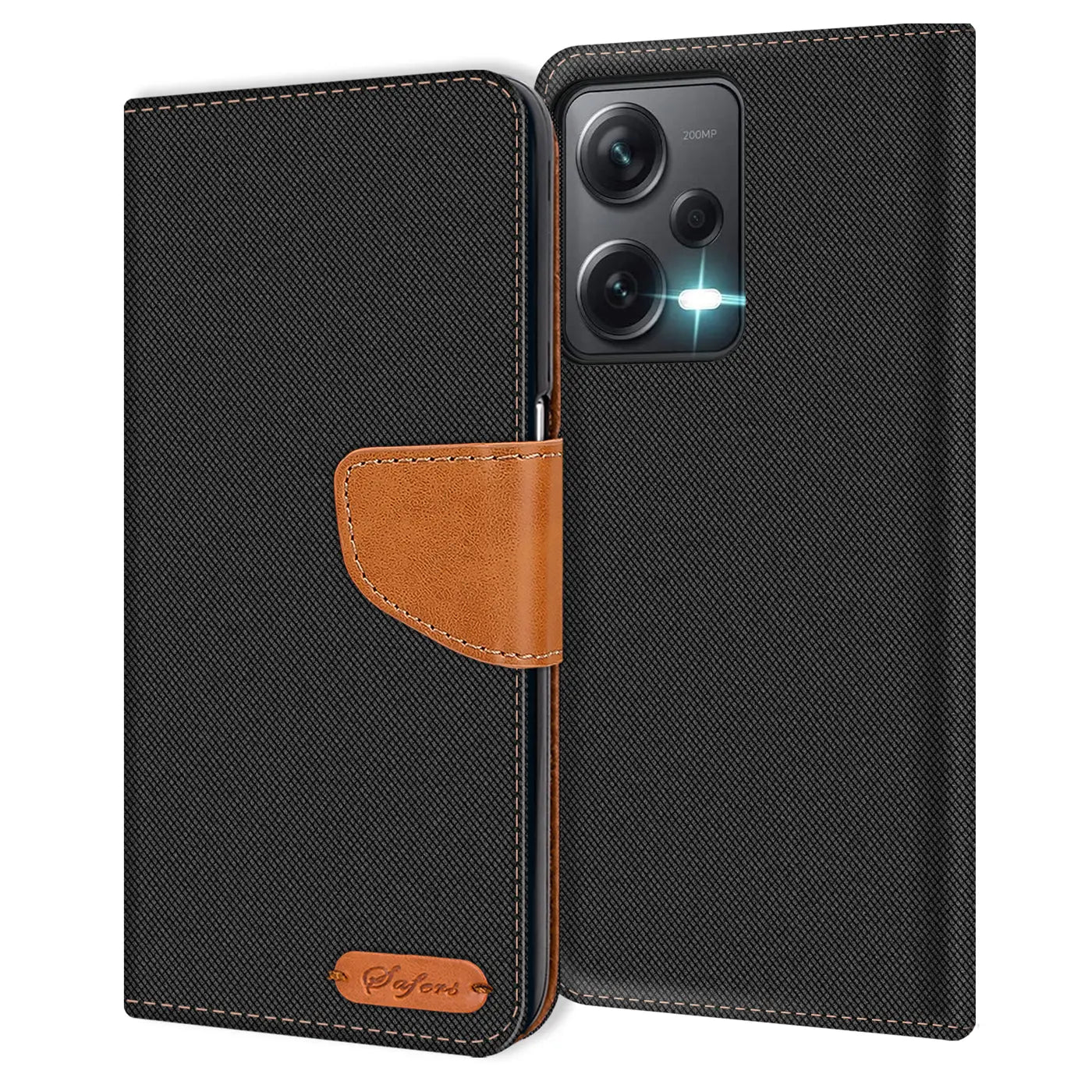 Schwarze Textil-Klapphülle mit braunem Lederakzent, offen, zeigt Rückseite Xiaomi Redmi Note 12 Pro Plus 5G.