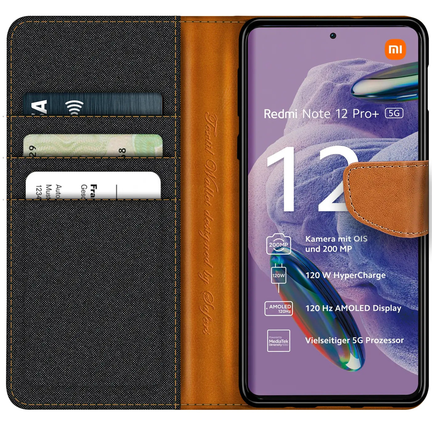Textil-Klapphülle mit Kartenfach, braun/schwarz, für Xiaomi Redmi Note 12 Pro+ 5G.
