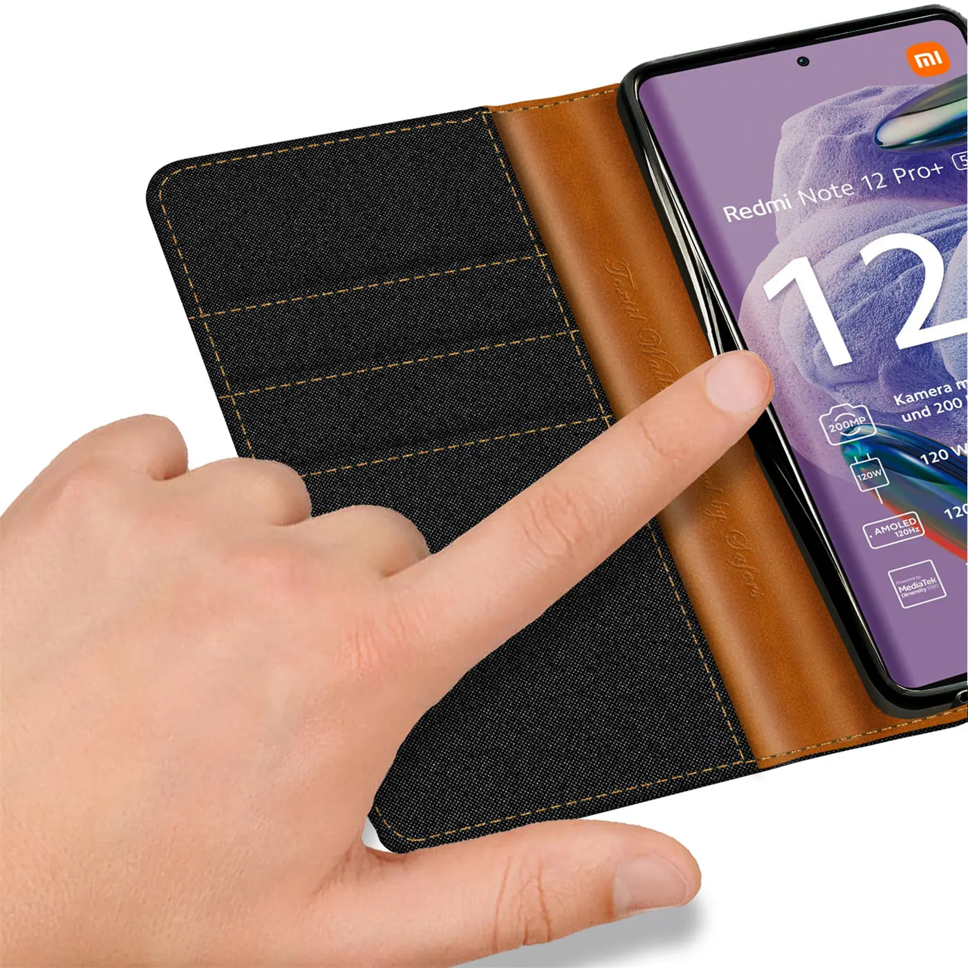 Schwarze Textil-Klapphülle mit braunem Leder, Kartenfach, Xiaomi Redmi Note 12 Pro+ 5G.