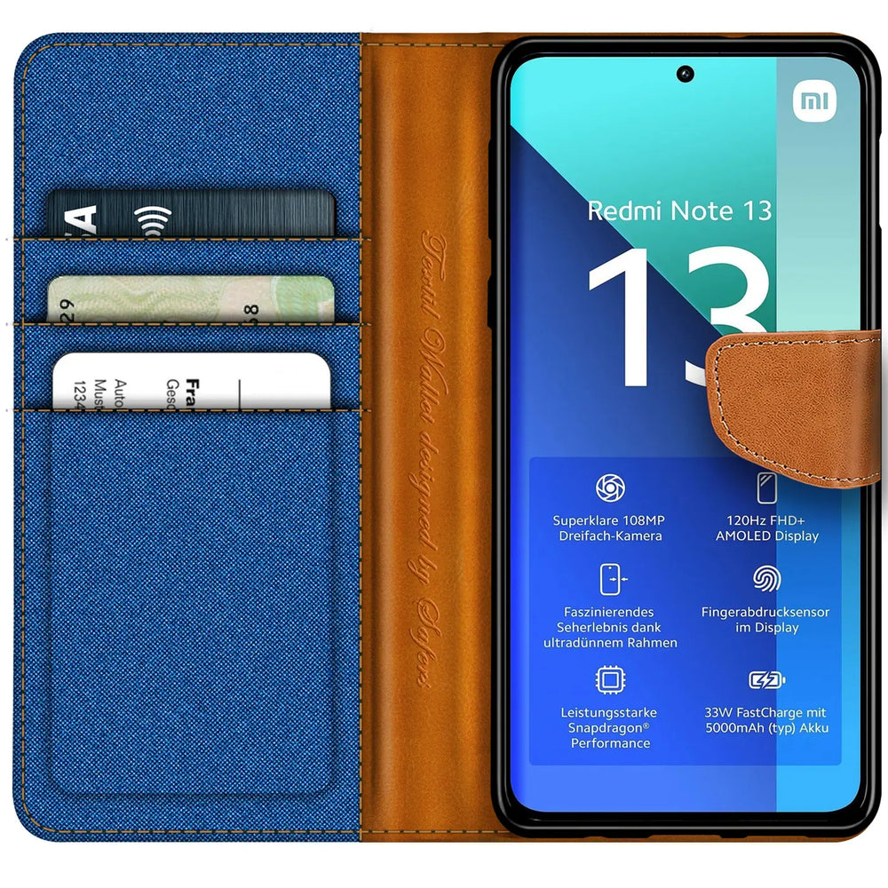 Xiaomi Redmi Note 13 4G Klapphülle im Jeanslook mit Karten- und Geldfach