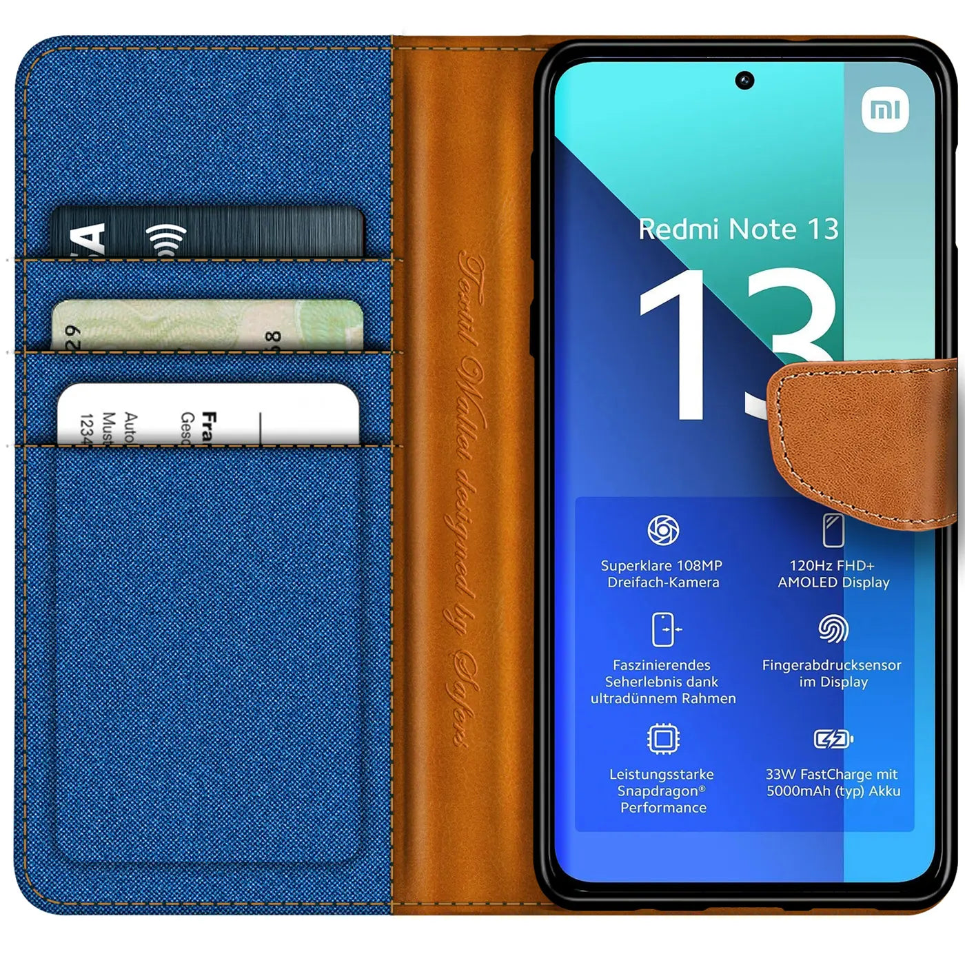 Blaue Textil-Klapphülle mit braunen Lederdetails, Kartenfach, zeigt Xiaomi Redmi Note 13 4G.