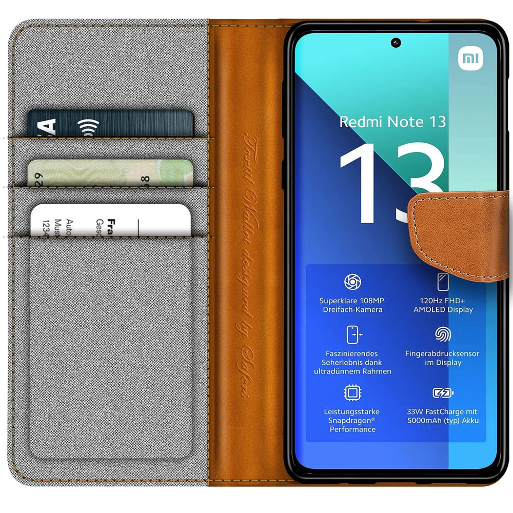Xiaomi Redmi Note 13 4G Klapphülle im Jeanslook mit Karten- und Geldfach
