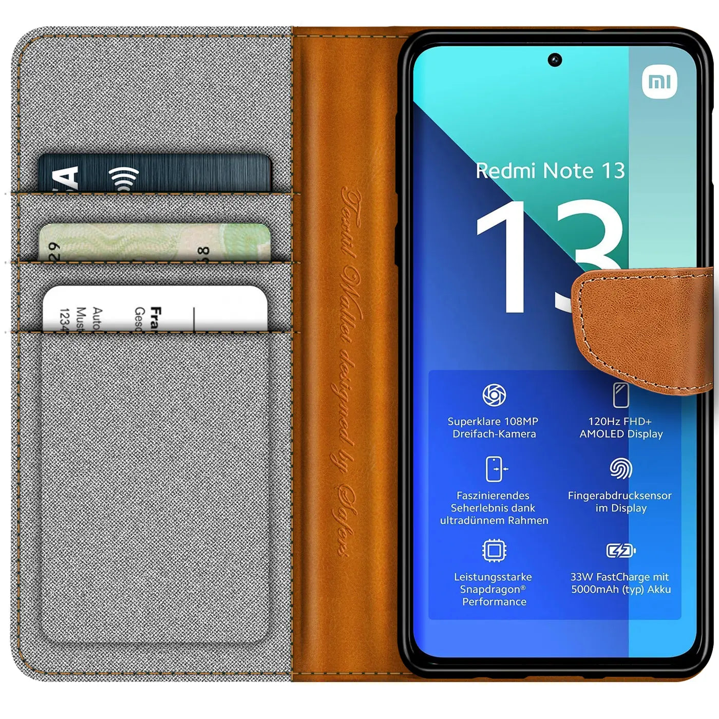 Graue Textil-Klapphülle mit braunem Lederakzent, Kartenfächer, Xiaomi Redmi Note 13 4G.