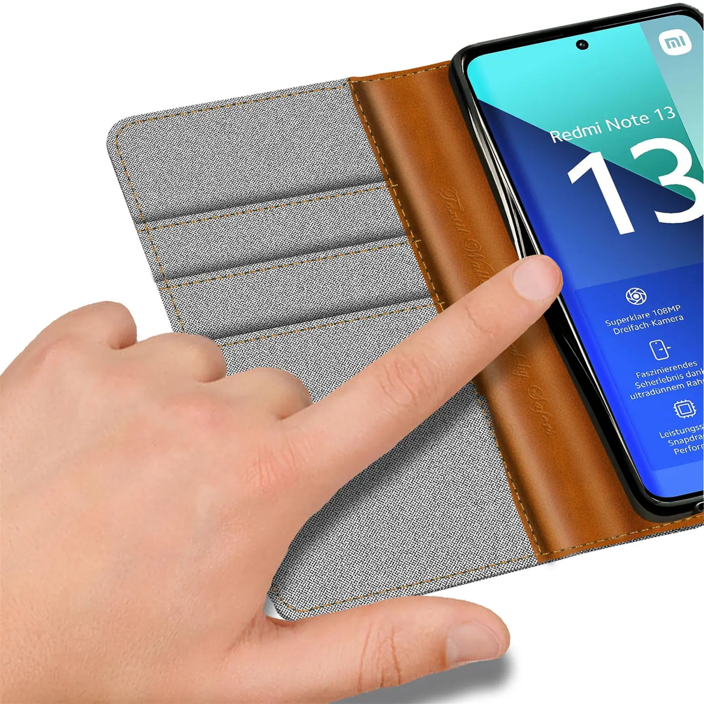 Graue Textil-Klapphülle mit braunen Lederdetails, zeigt Xiaomi Redmi Note 13 4G.