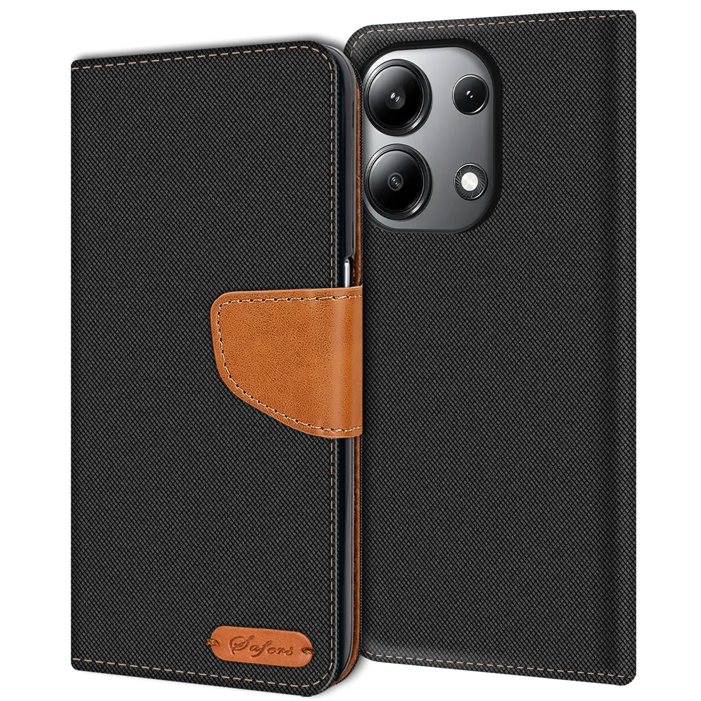 Schwarze Textil-Klapphülle mit braunem Lederakzent, offen, zeigt Handy-Rückseite.