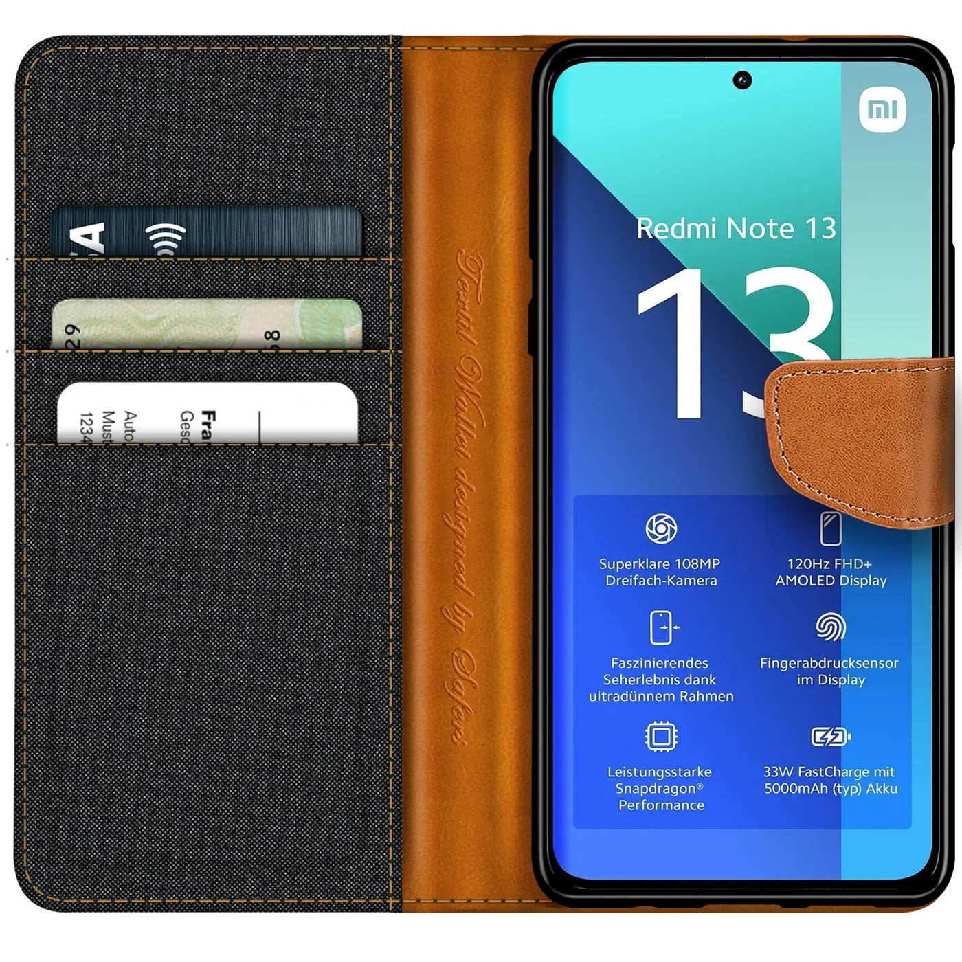 Textil-Klapphülle mit Kartenfach für Xiaomi Redmi Note 13 4G, Braun/Schwarz