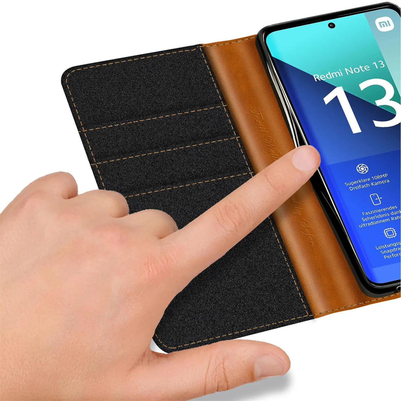 Textil-Klapphülle, braun/schwarz, mit Kartenfach, zeigt Xiaomi Redmi Note 13 4G.