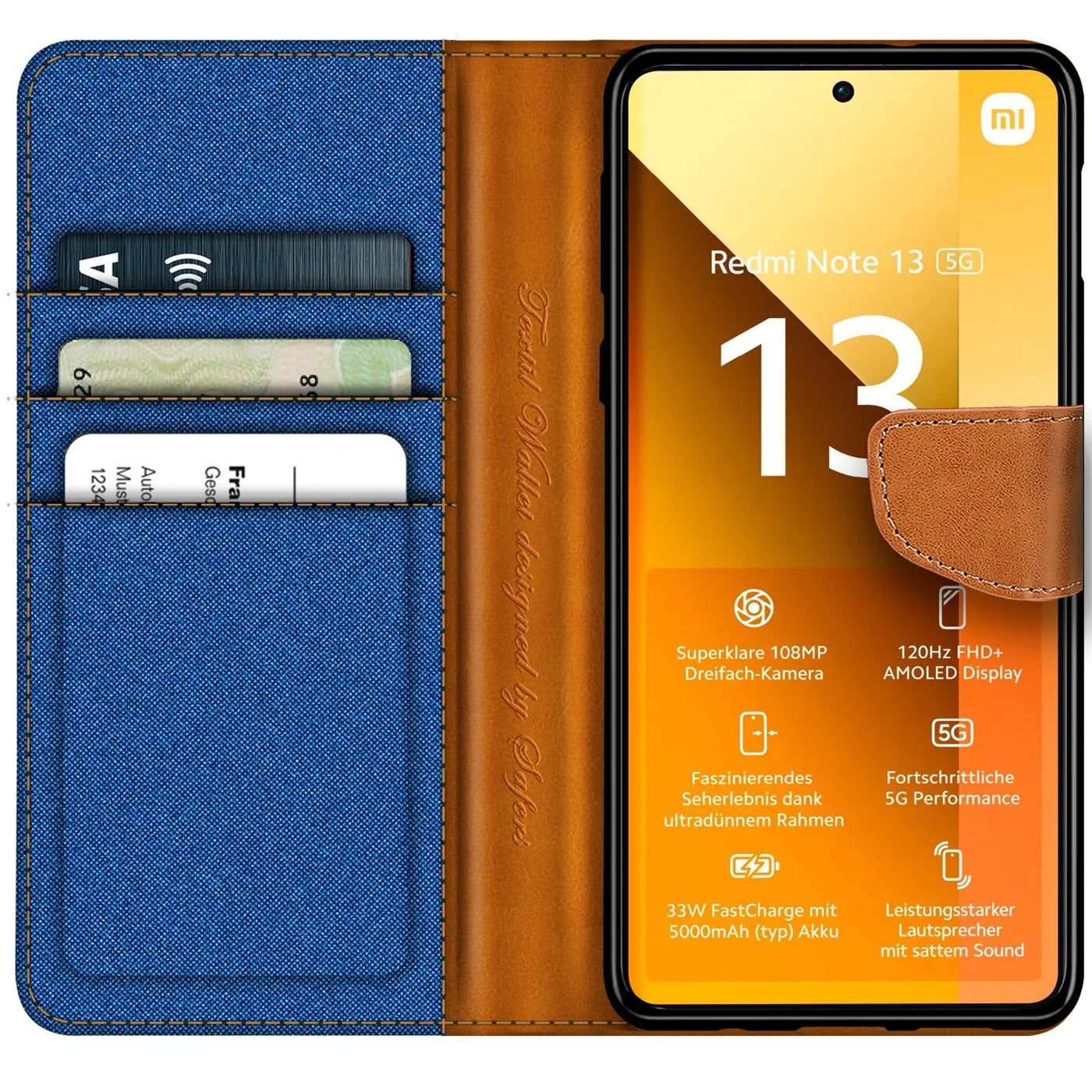 Blaue Textil-Klapphülle mit braunen Leder-Akzenten und Kartenfach, zeigt Xiaomi Redmi Note 13 5G.