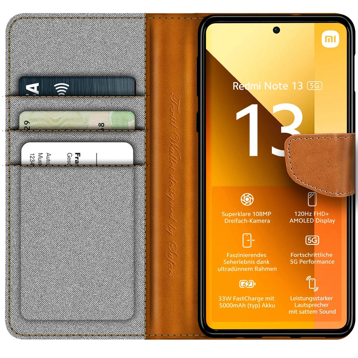Textil-Klapphülle in Grau/Braun mit Kartenfach, zeigt Xiaomi Redmi Note 13 5G.