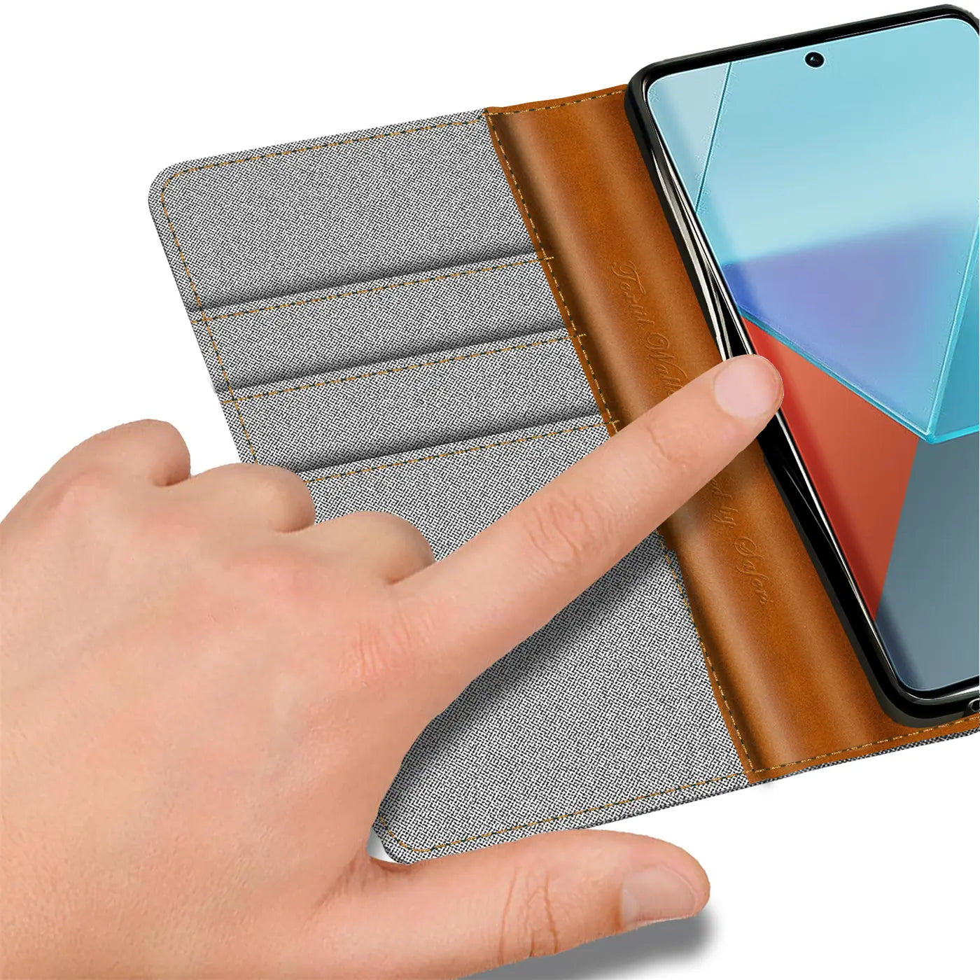 Graue Textil-Klapphülle mit braunem Lederdetail, Kartenfach, zeigt Xiaomi Redmi Note 13 5G.