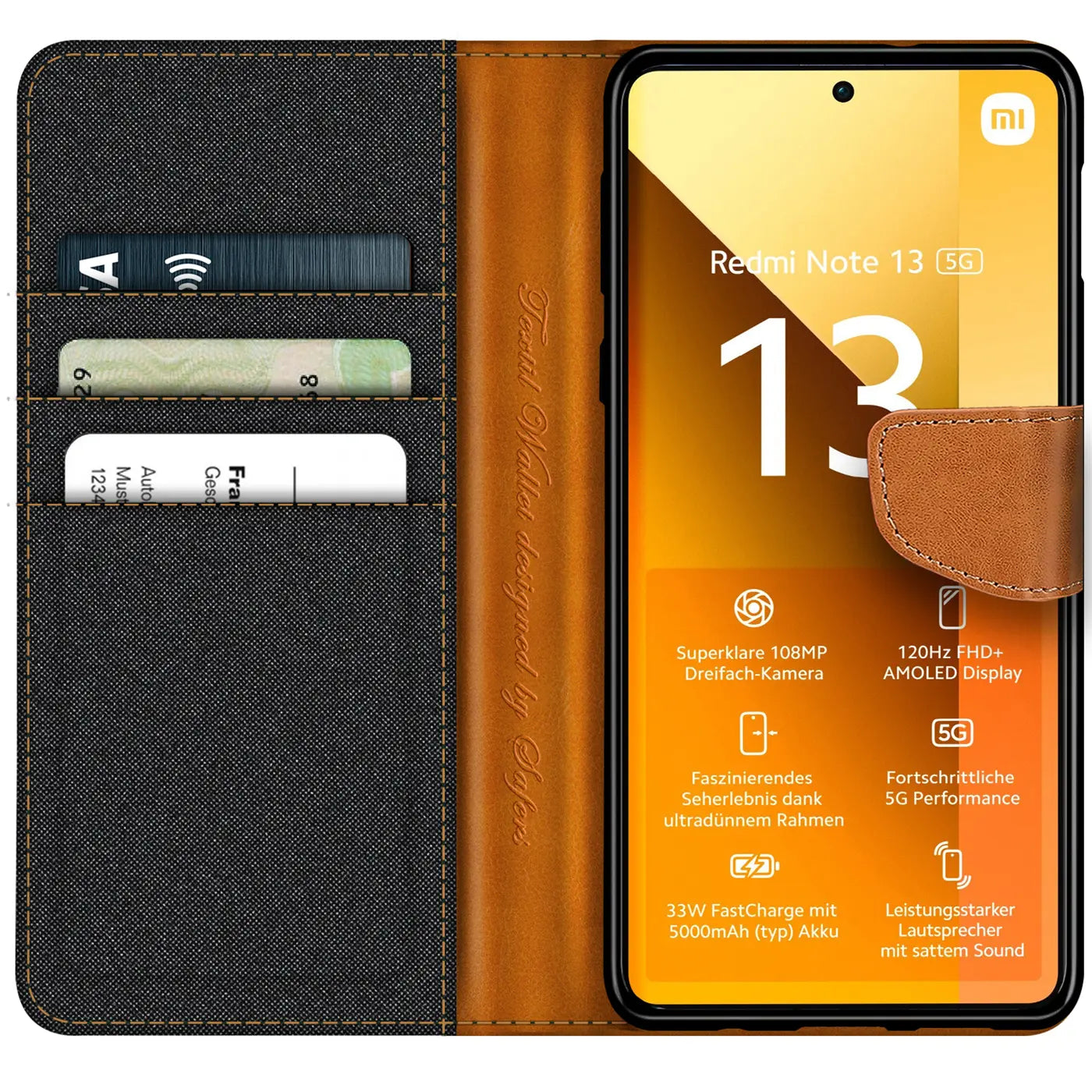 Textil-Klapphülle mit Kartenfach, braun/schwarz, für Xiaomi Redmi Note 13 5G.