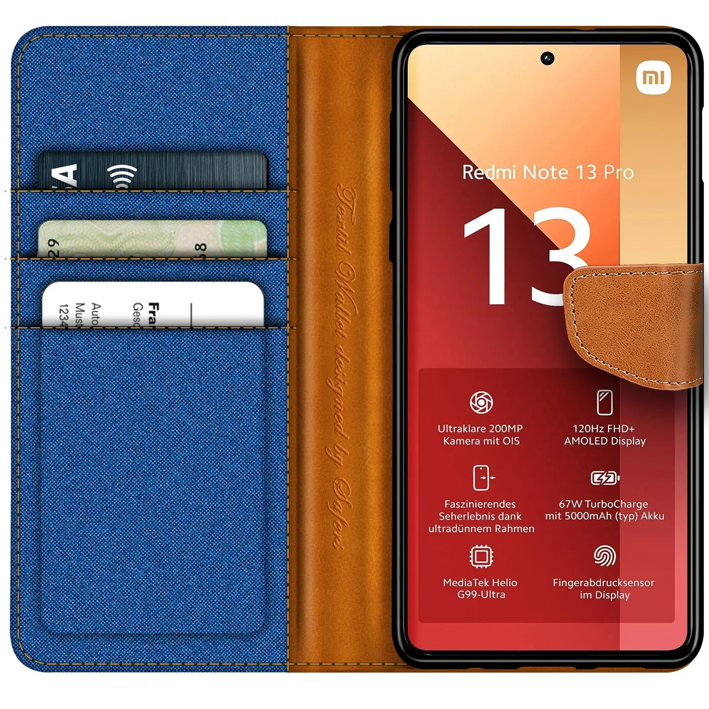Blaue Textil-Klapphülle mit braunen Lederdetails, Kartenfächer, zeigt Xiaomi Redmi Note 13 Pro 4G.