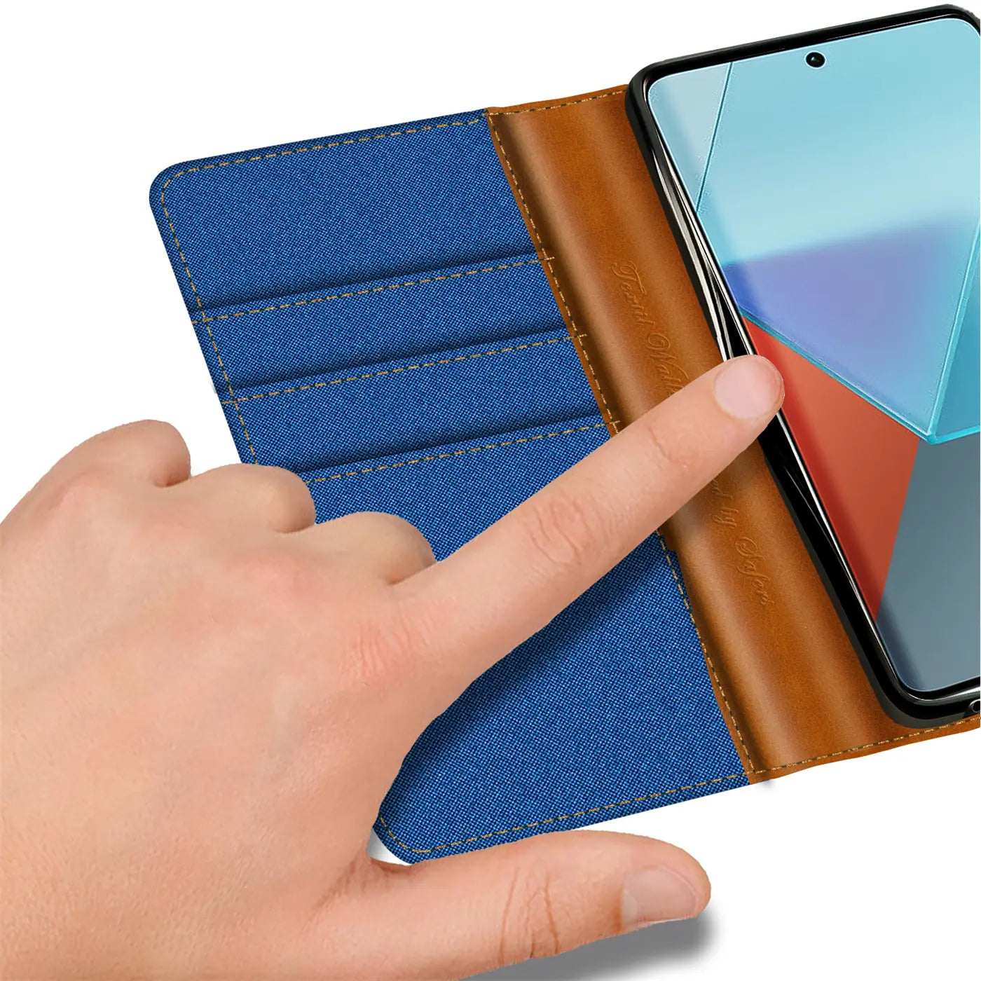 Blaue Textil-Klapphülle mit braunem Leder-Detail und Kartenfächern, zeigt Xiaomi Redmi Note 13 Pro 4G.