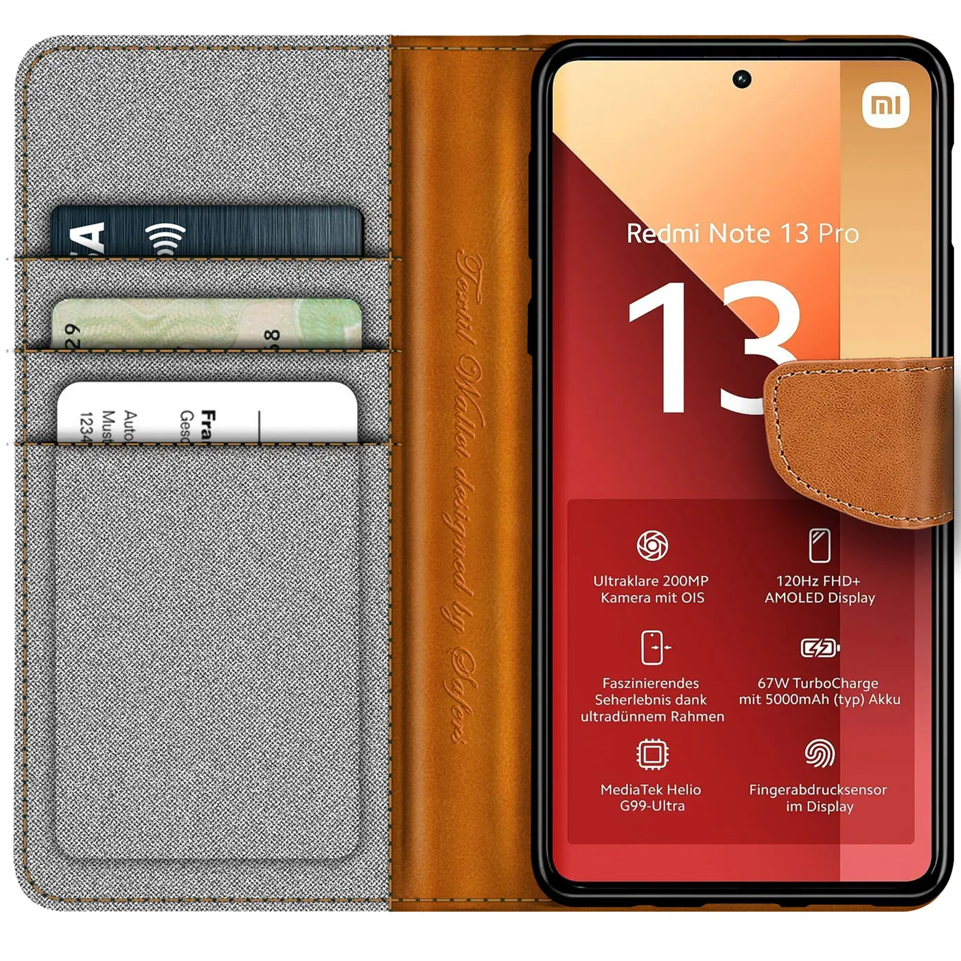 Graue Textil-Klapphülle mit braunen Lederdetails, offen, mit Xiaomi Redmi Note 13 Pro 4G und Kartenfächern.