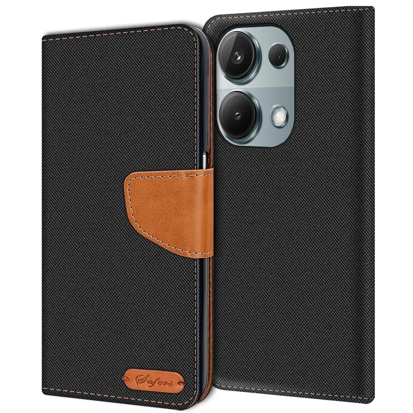 Schwarze Textil-Klapphülle mit braunem Lederdetail, offen, zeigt Rückseite eines Smartphones.