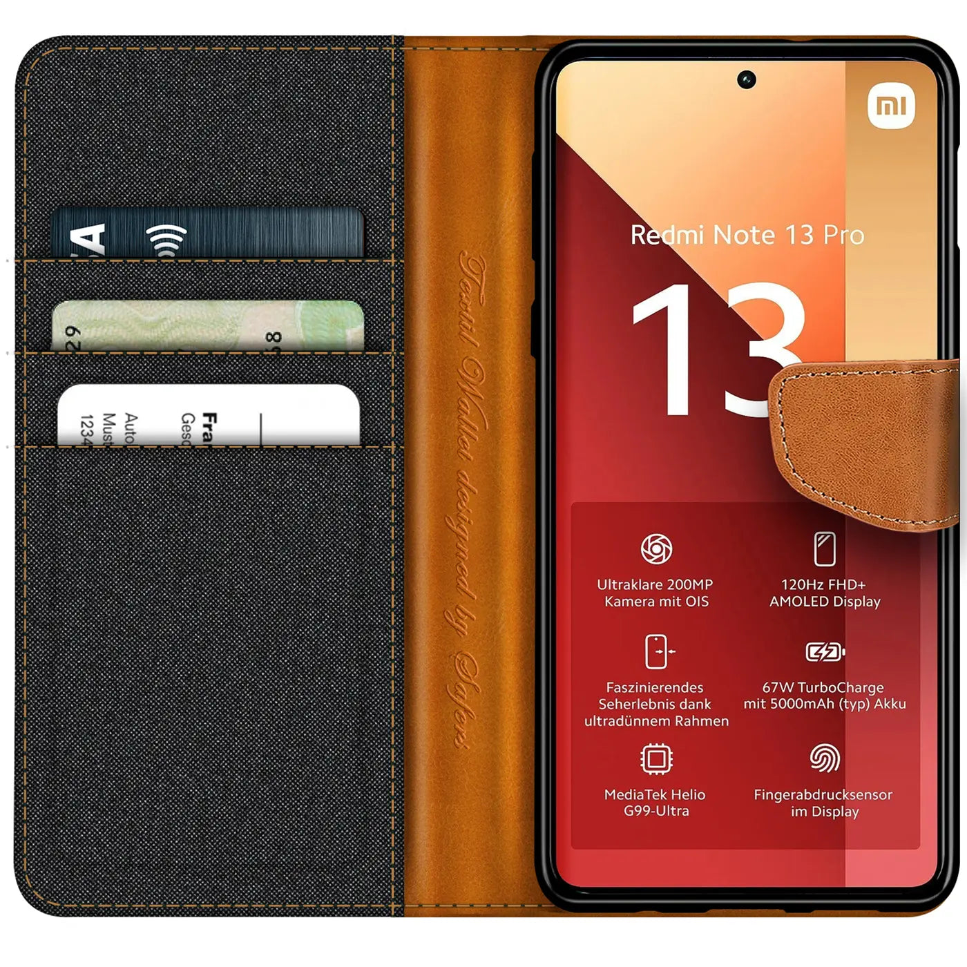 Textil-Klapphülle in Grau/Braun mit Kartenfach, zeigt Xiaomi Redmi Note 13 Pro 4G.