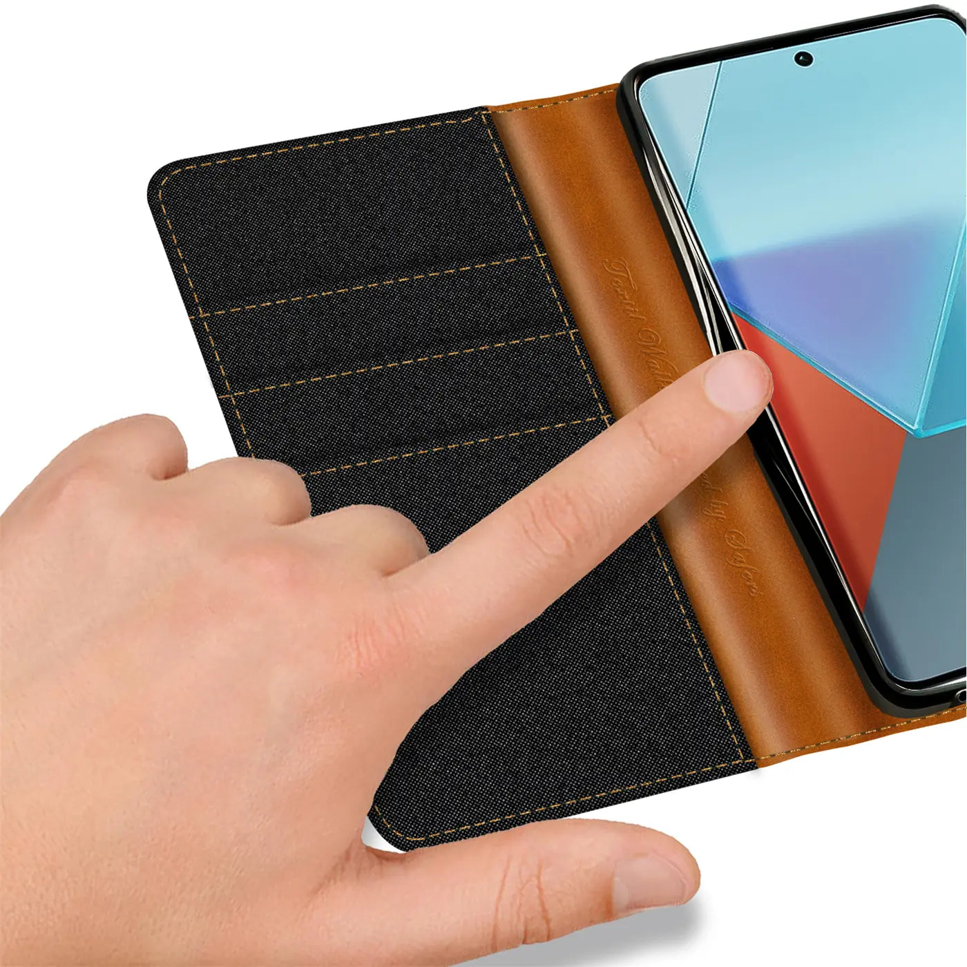 Textil Klapphülle, schwarz/braun, mit Kartenfach, zeigt Xiaomi Redmi Note 13 Pro 4G.