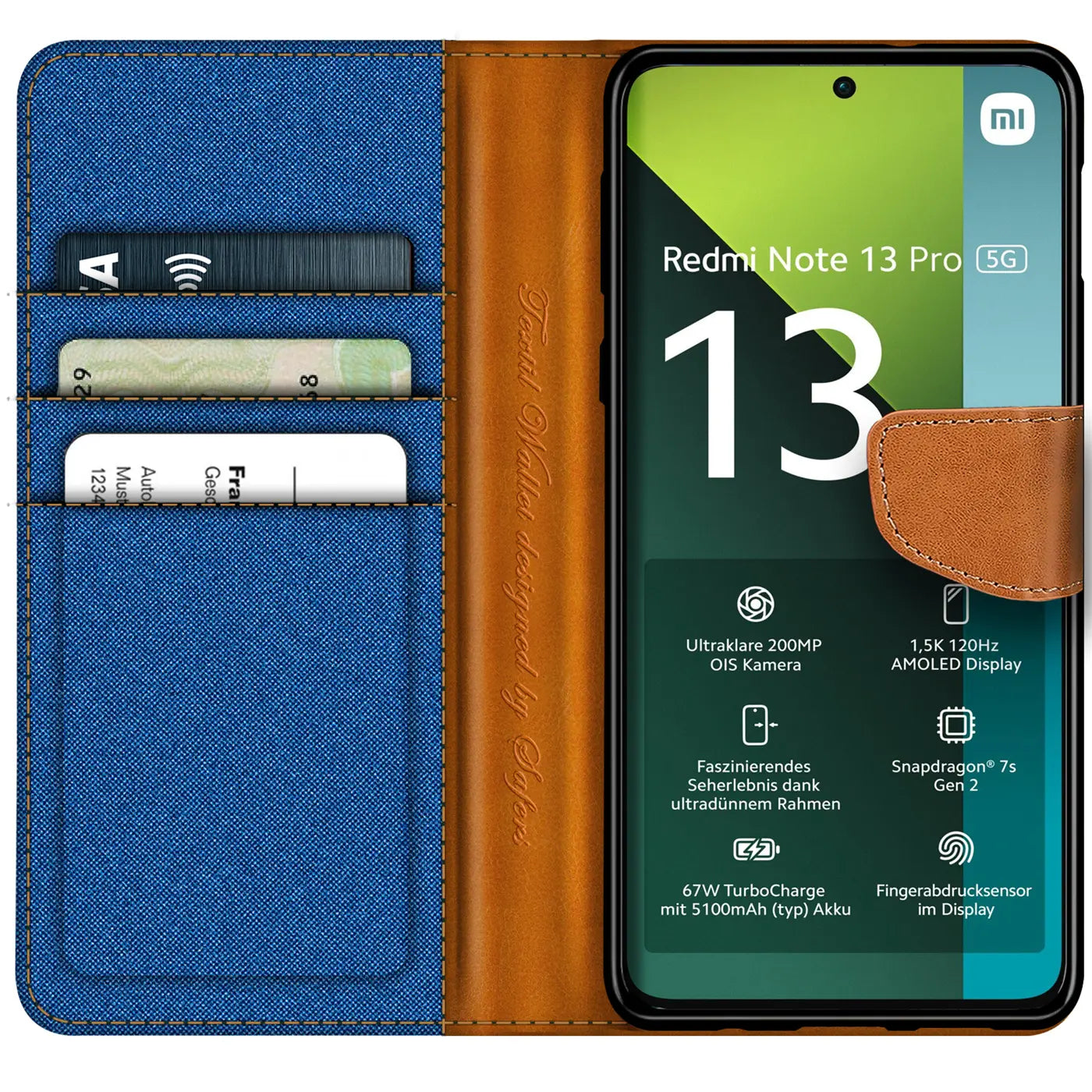 Blaue Textil-Klapphülle mit braunen Lederdetails, offen, zeigt Xiaomi Redmi Note 13 Pro 5G.