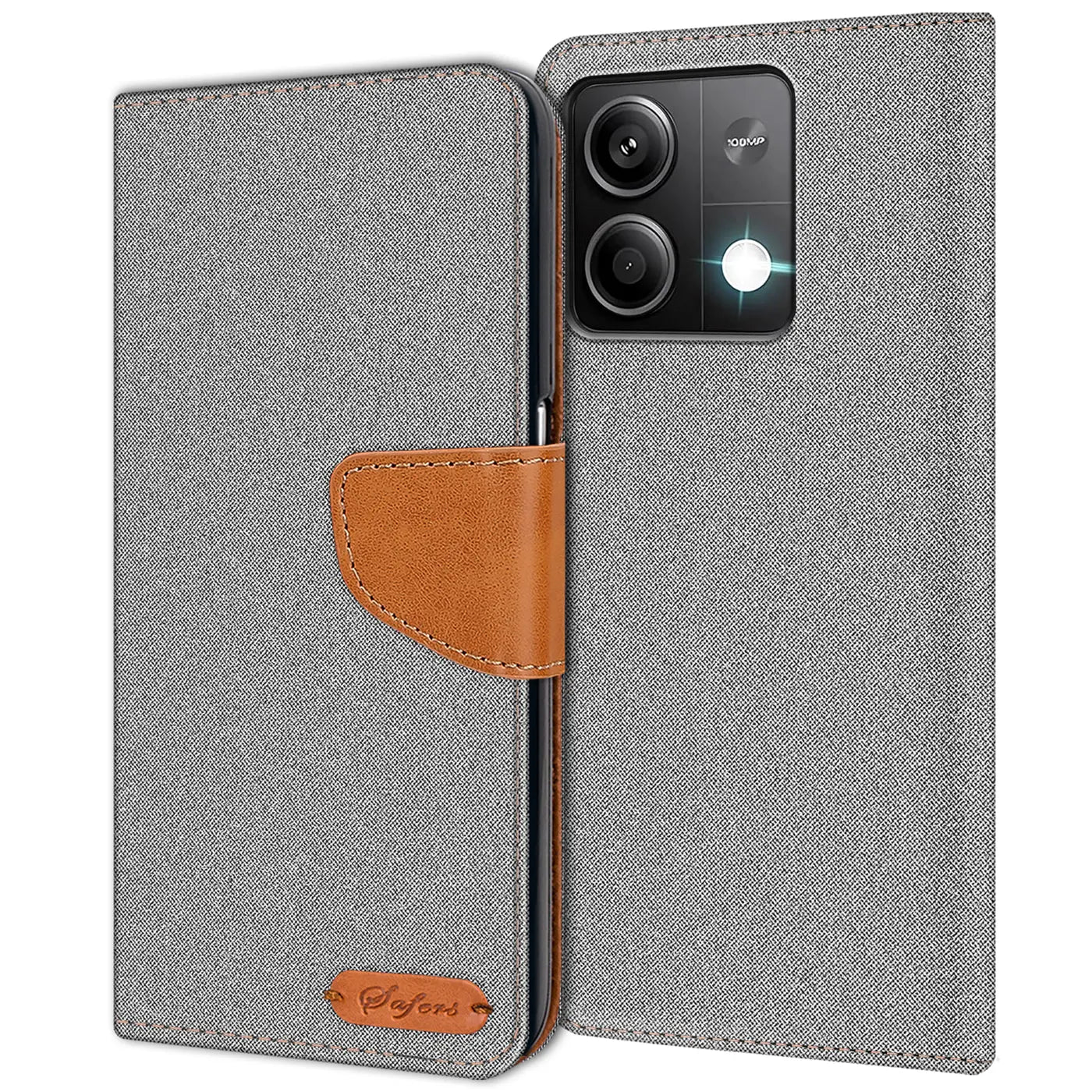 Graue Textil-Klapphülle mit braunem Lederdetail, geöffnet, zeigt Rückseite eines Xiaomi Redmi Note 13 Pro 5G.