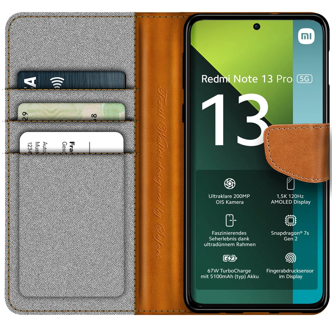 Graue Textil-Klapphülle mit braunen Lederdetails, Kartenfächern, zeigt Xiaomi Redmi Note 13 Pro 5G.