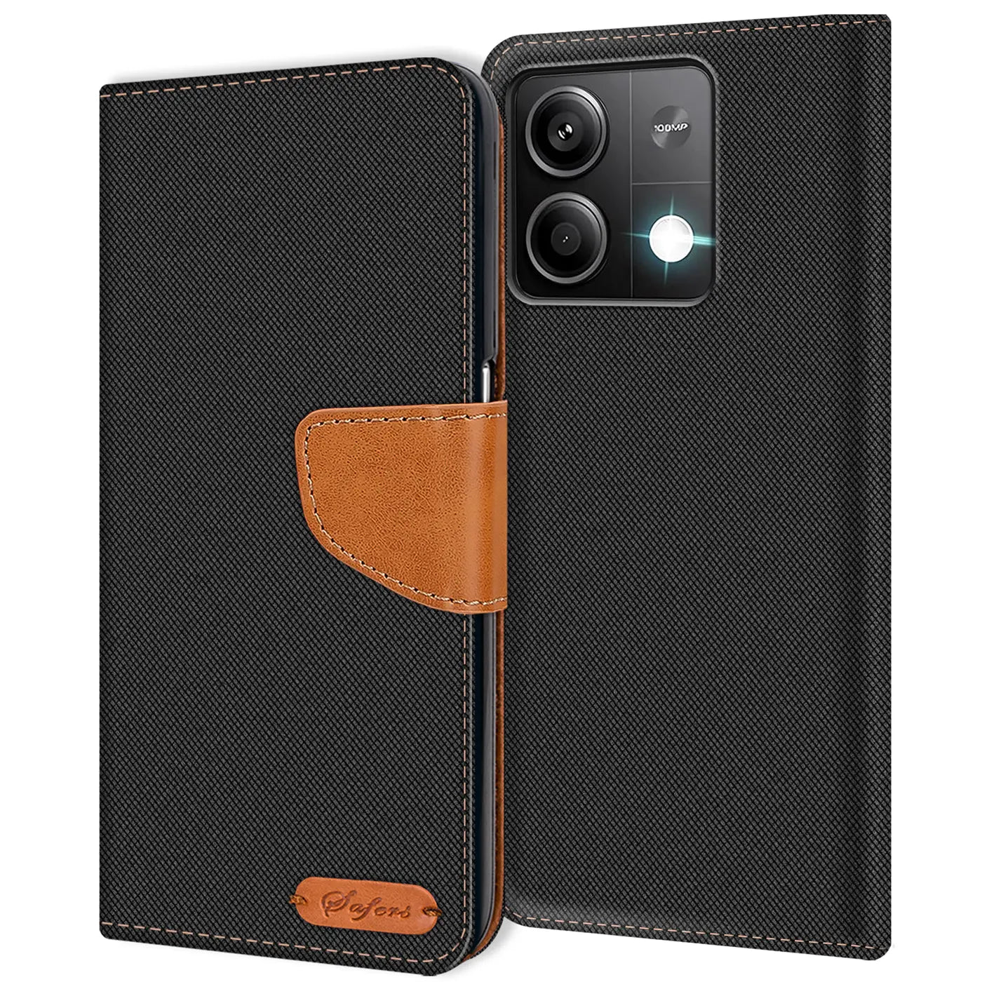 Schwarze Textil-Klapphülle mit braunem Lederakzent, Vorderansicht, zeigt Smartphone-Kamera.
