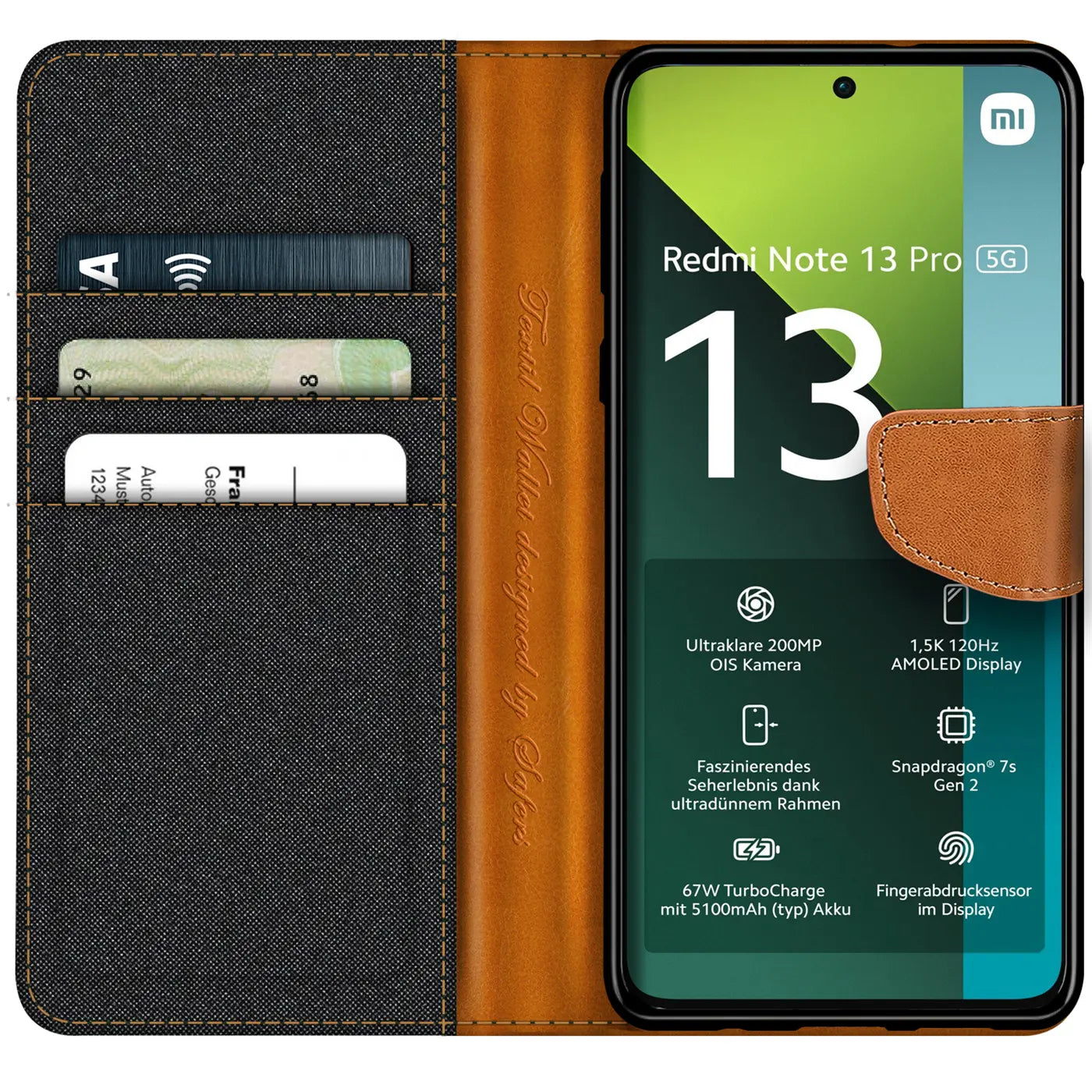 Textil-Klapphülle, braun/schwarz, mit Kartenfach, zeigt Xiaomi Redmi Note 13 Pro 5G.