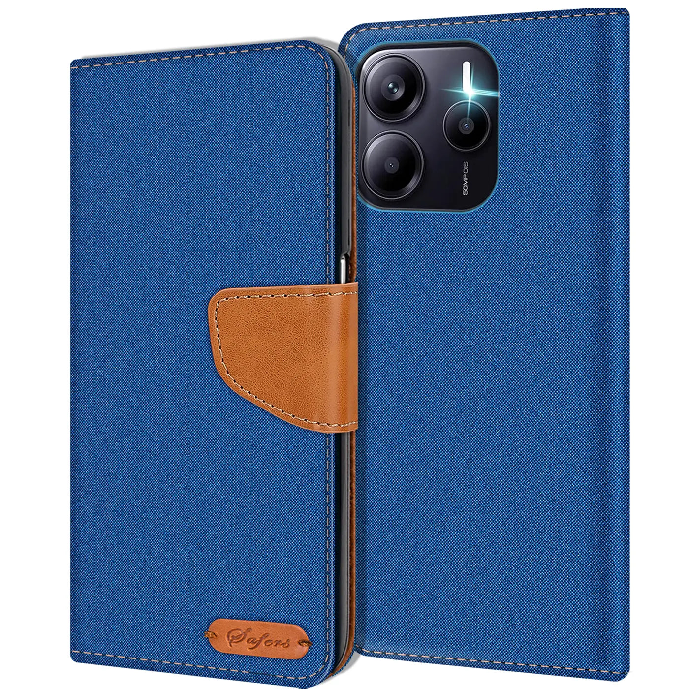 Blaue Textil-Klapphülle mit braunem Lederdetail und Kartenfach, zeigt Rückseite eines Smartphones.