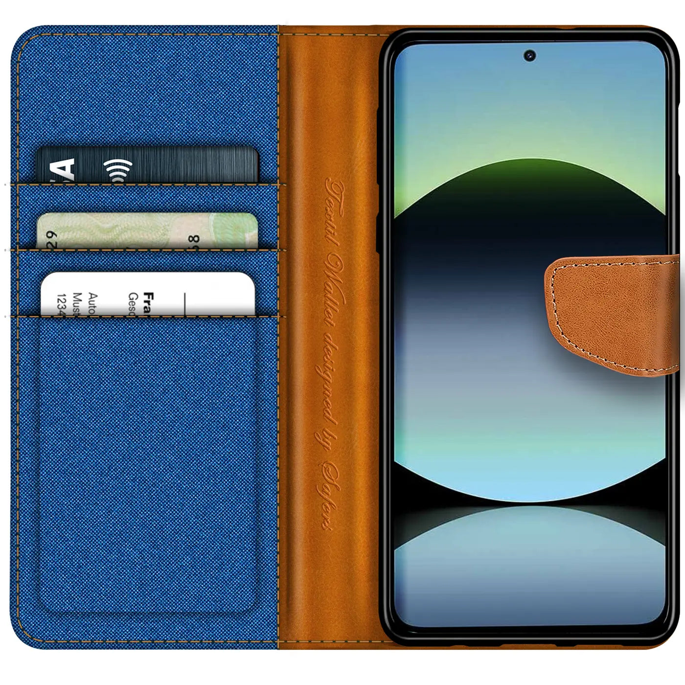 Blaue Textil-Klapphülle mit braunen Lederdetails, Kartenfächer, zeigt Xiaomi Redmi Note 14 4G.