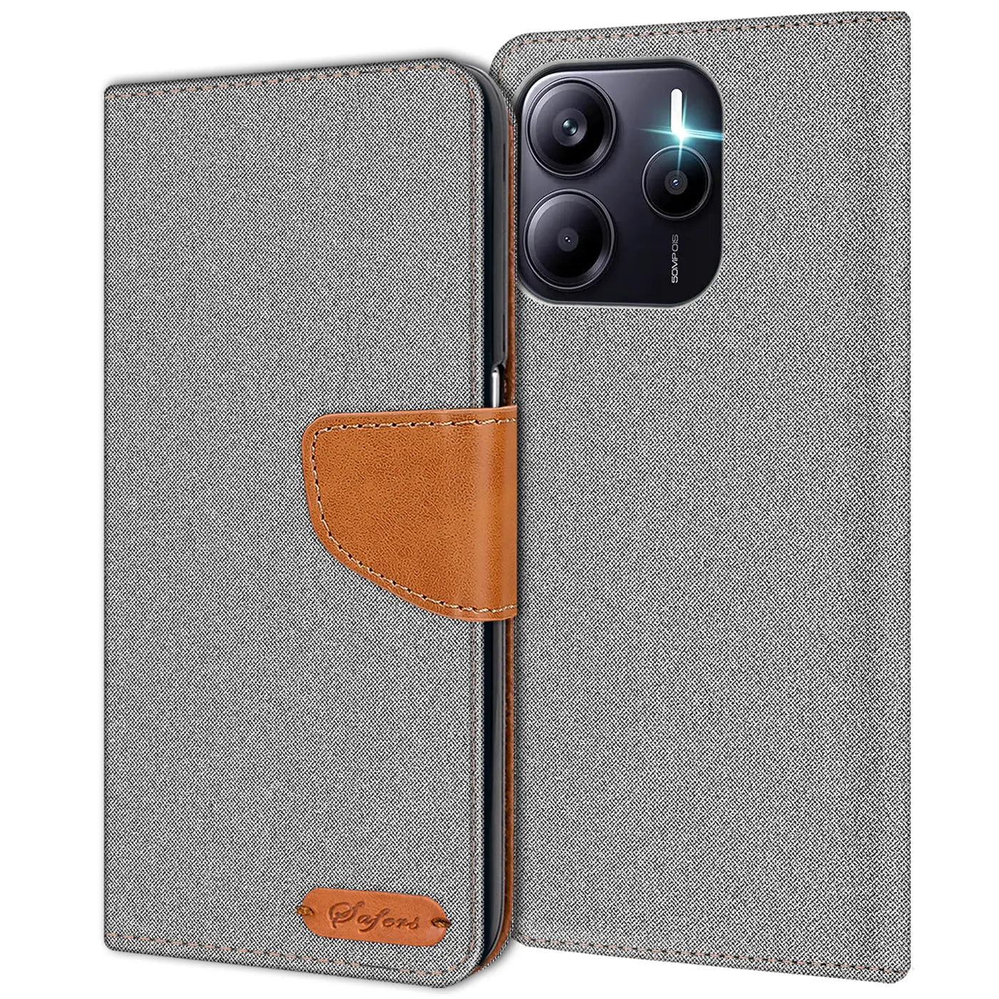 Graue Textil-Klapphülle mit braunem Lederakzent, geöffnet, zeigt Smartphone-Kamera.