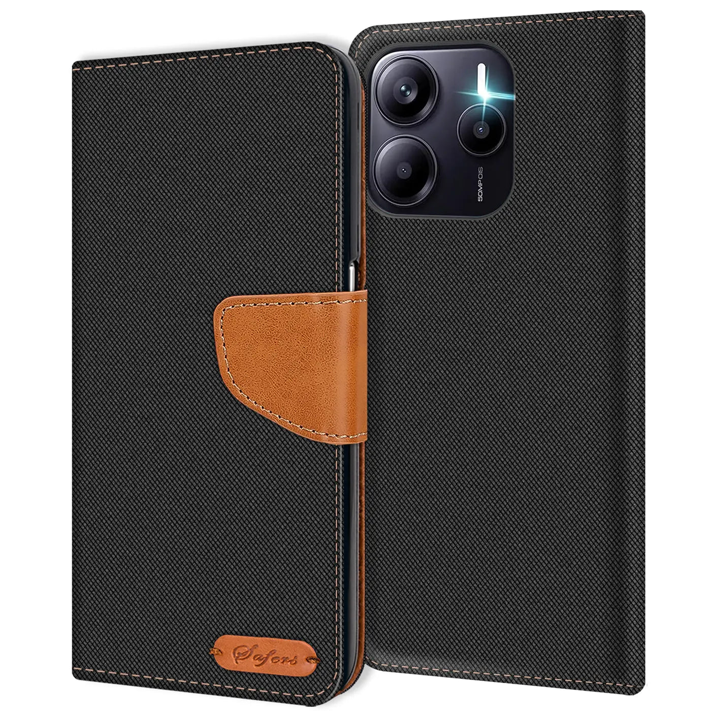 Schwarze Textil-Klapphülle mit braunem Lederakzent und sichtbarer Kamera eines Smartphones.