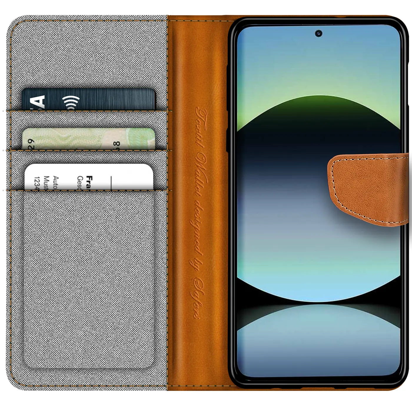 Graue Textil-Klapphülle mit braunen Lederdetails und Kartenfach, zeigt ein Smartphone.