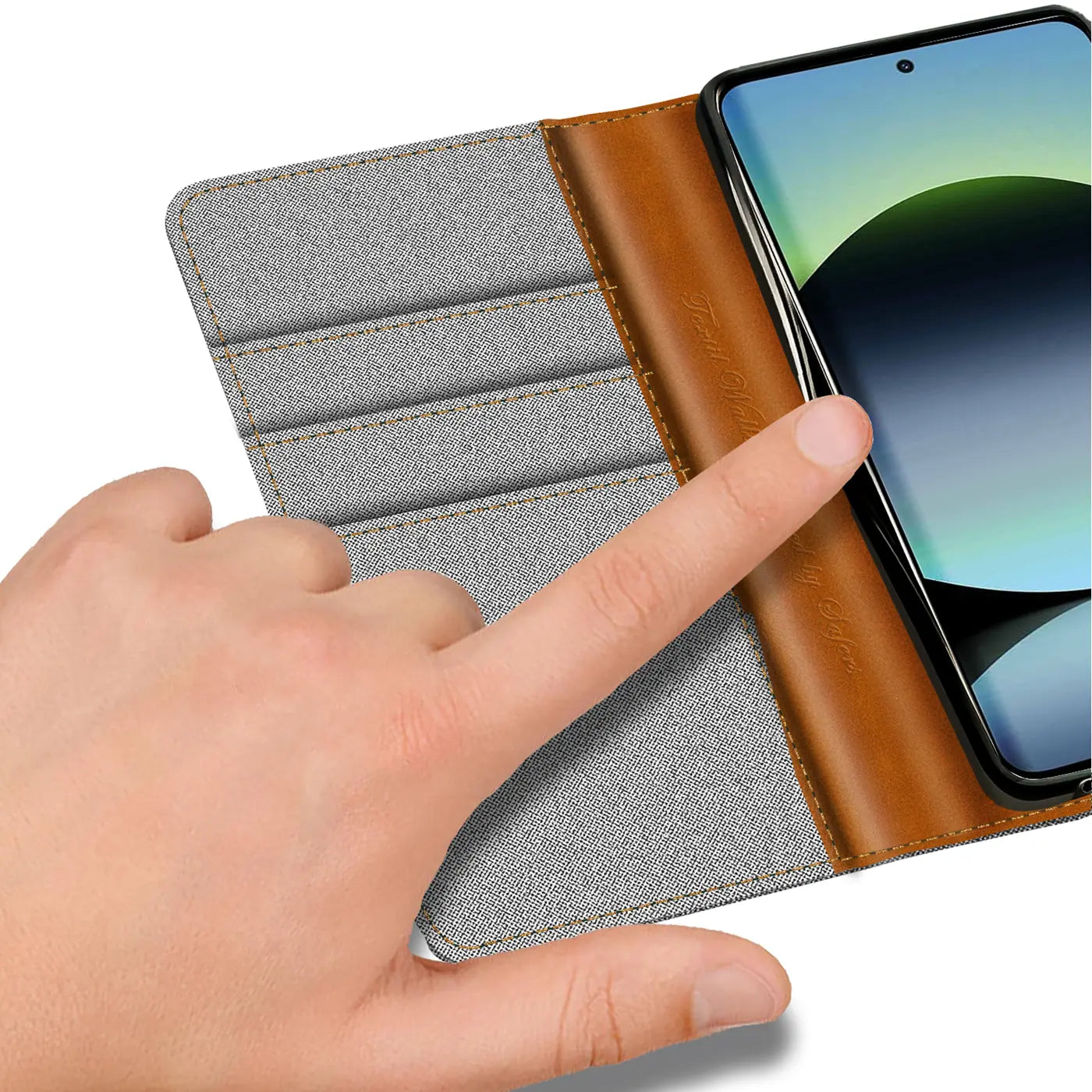 Graue Textil-Klapphülle mit braunen Lederakzenten, Kartenfächern und Xiaomi-Smartphone von oben.
