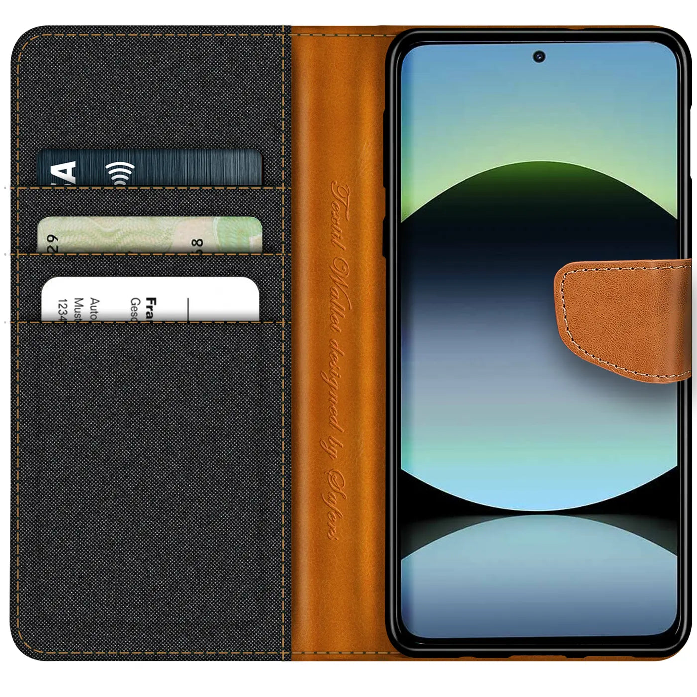 Textil-Klapphülle mit Kartenfach, braun/grau, für Xiaomi Redmi Note 14 5G.
