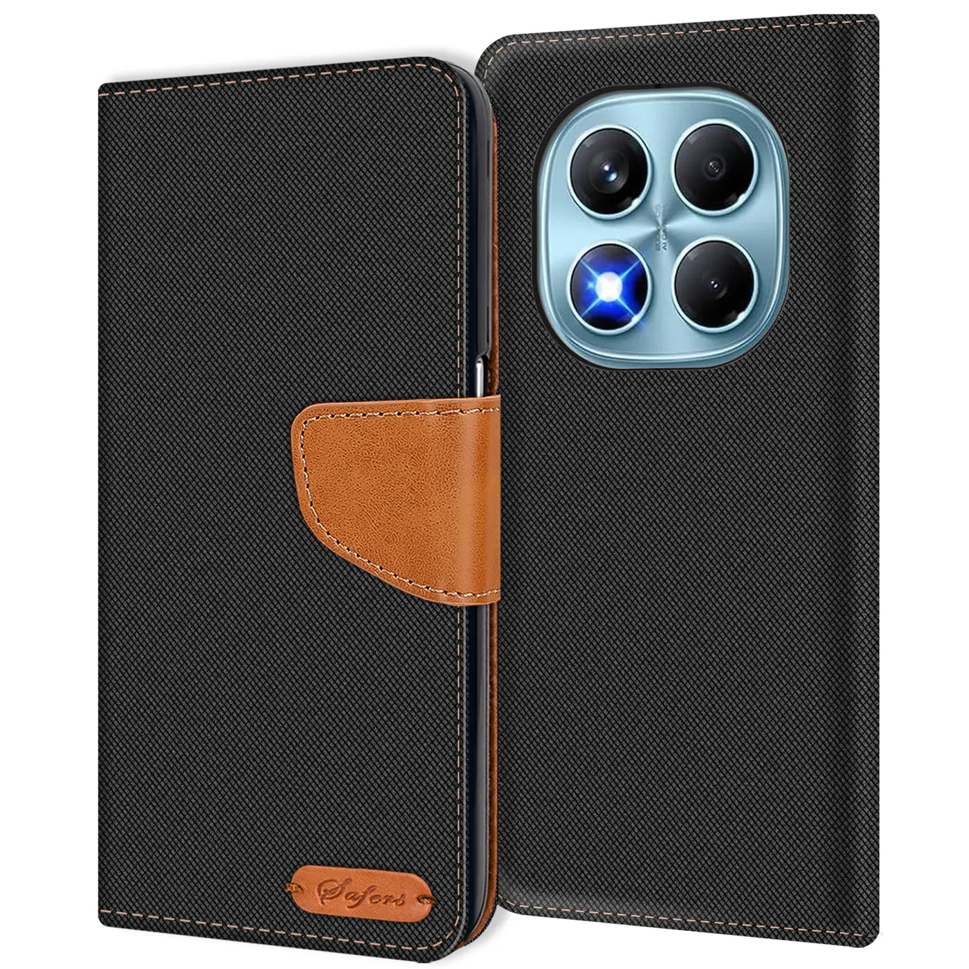 Schwarze Textil-Klapphülle mit braunem Lederakzent, von vorne, für Xiaomi Redmi Note 14 Pro 4G.