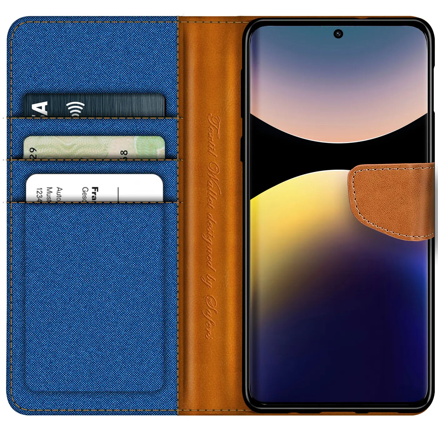 Blaue Textil-Klapphülle mit braunem Leder-Kartenfach, zeigt Xiaomi Redmi Note 14 Pro 5G.