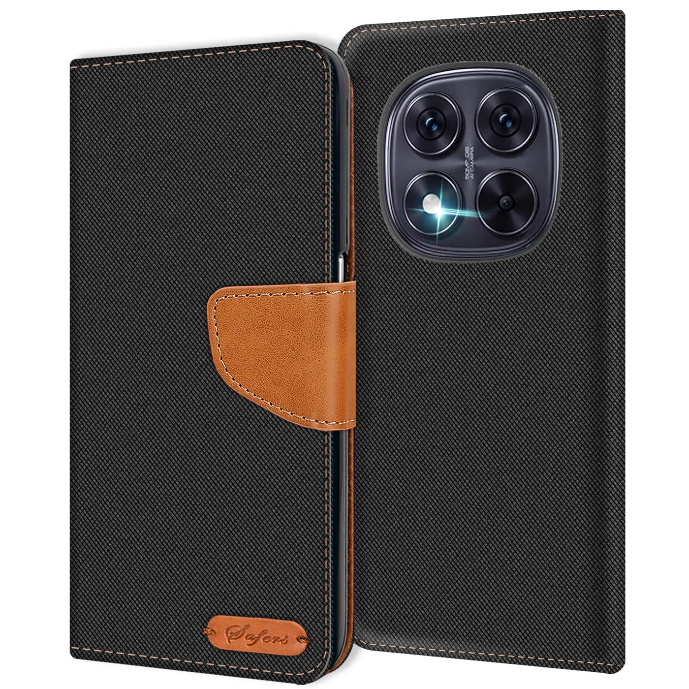 Schwarze Textil-Klapphülle mit braunem Lederakzent, von vorne, zeigt Kamera des Xiaomi Redmi Note 14 Pro 5G.