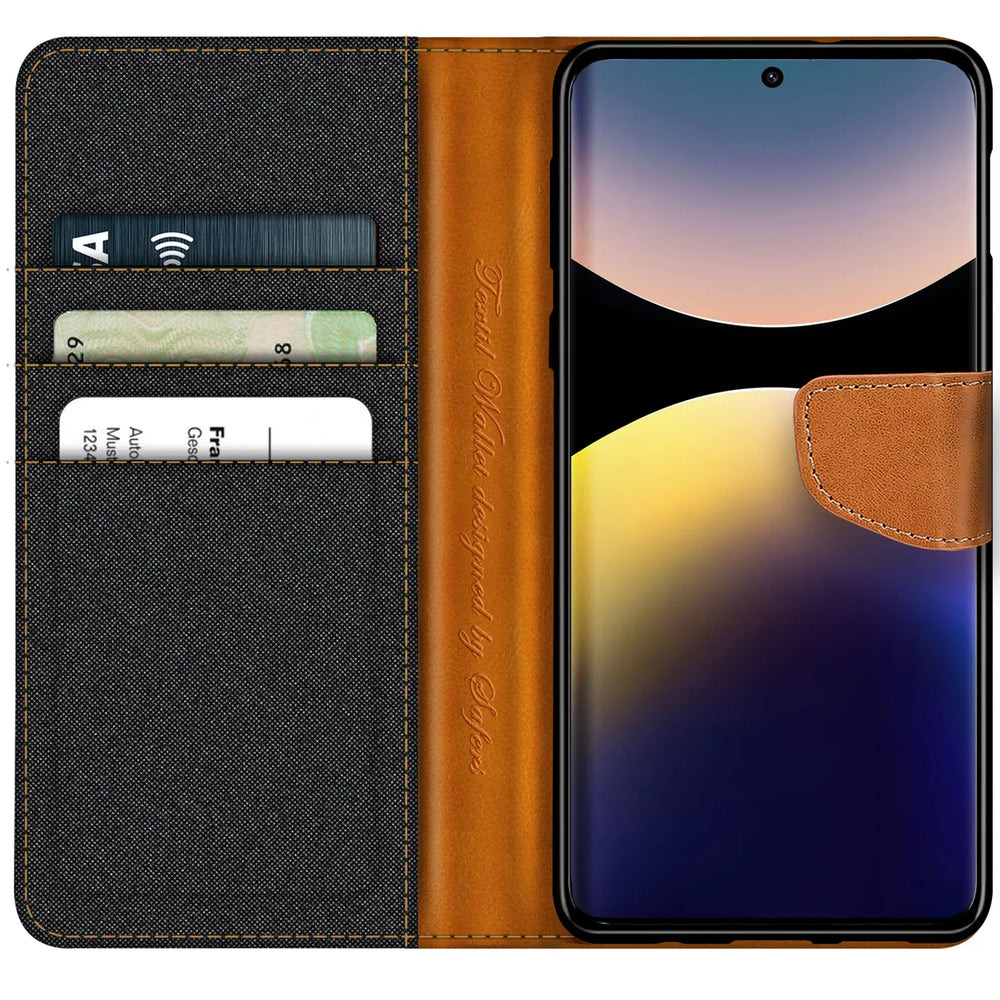 Xiaomi Redmi Note 14 Pro 5G Klapphülle im Jeanslook mit Karten- und Geldfach