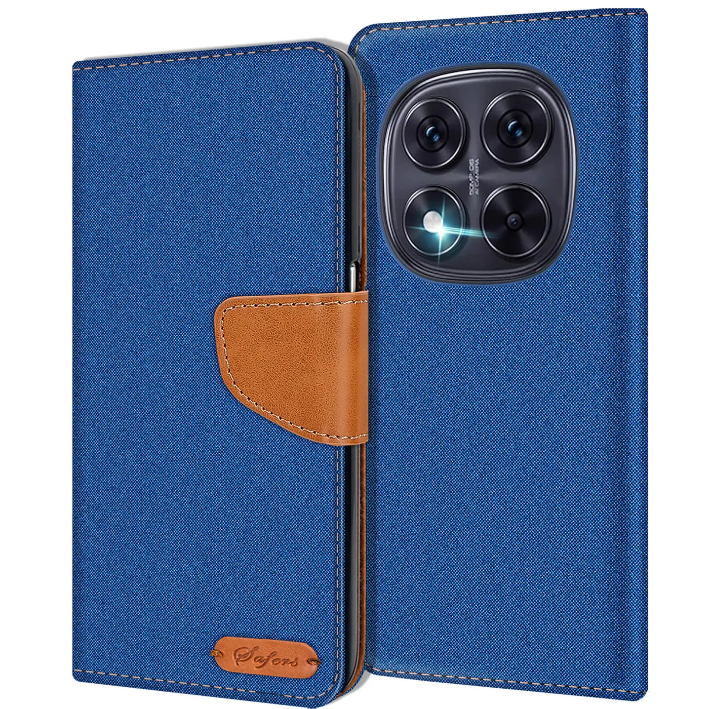 Blaue Textil-Klapphülle mit braunem Lederakzent, von vorne, zeigt Kamera des Xiaomi Redmi Note 15 5G.
