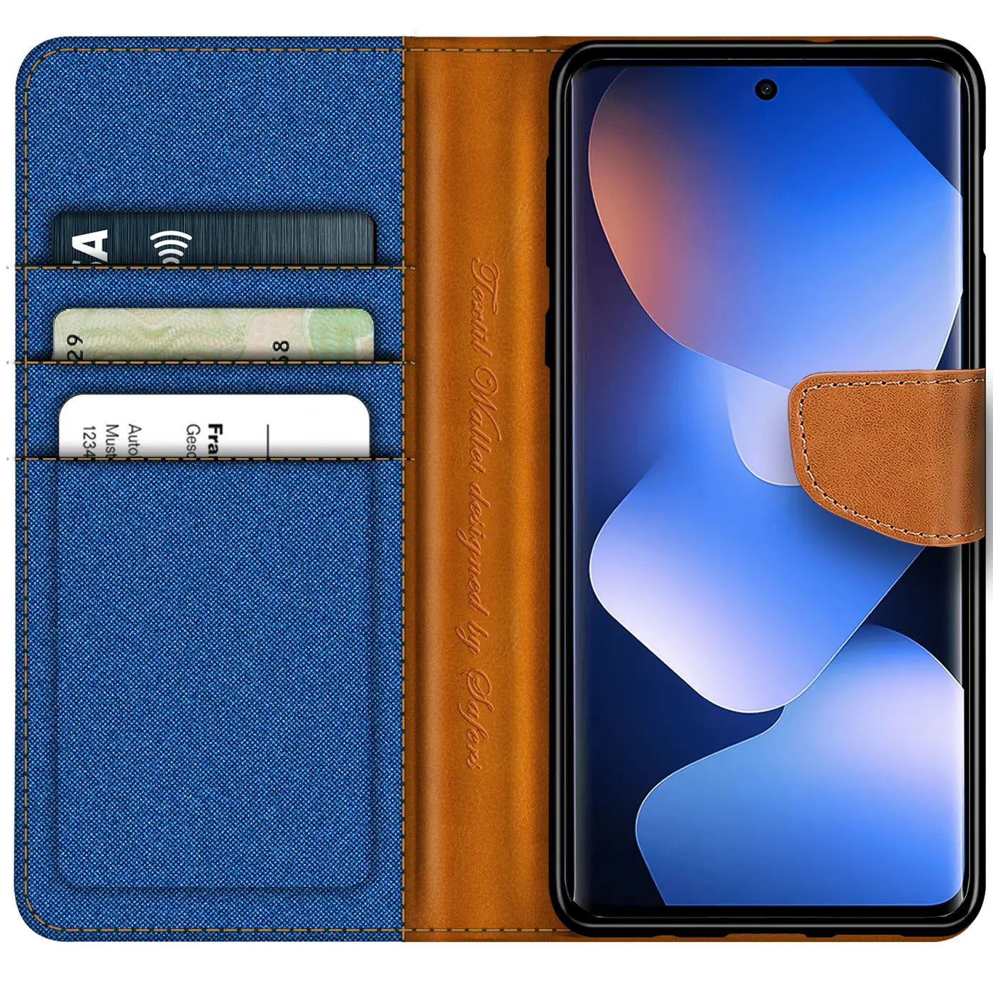 Blaue Textil-Klapphülle mit braunen Lederdetails, offen, zeigt Kartenfächer und ein Smartphone.