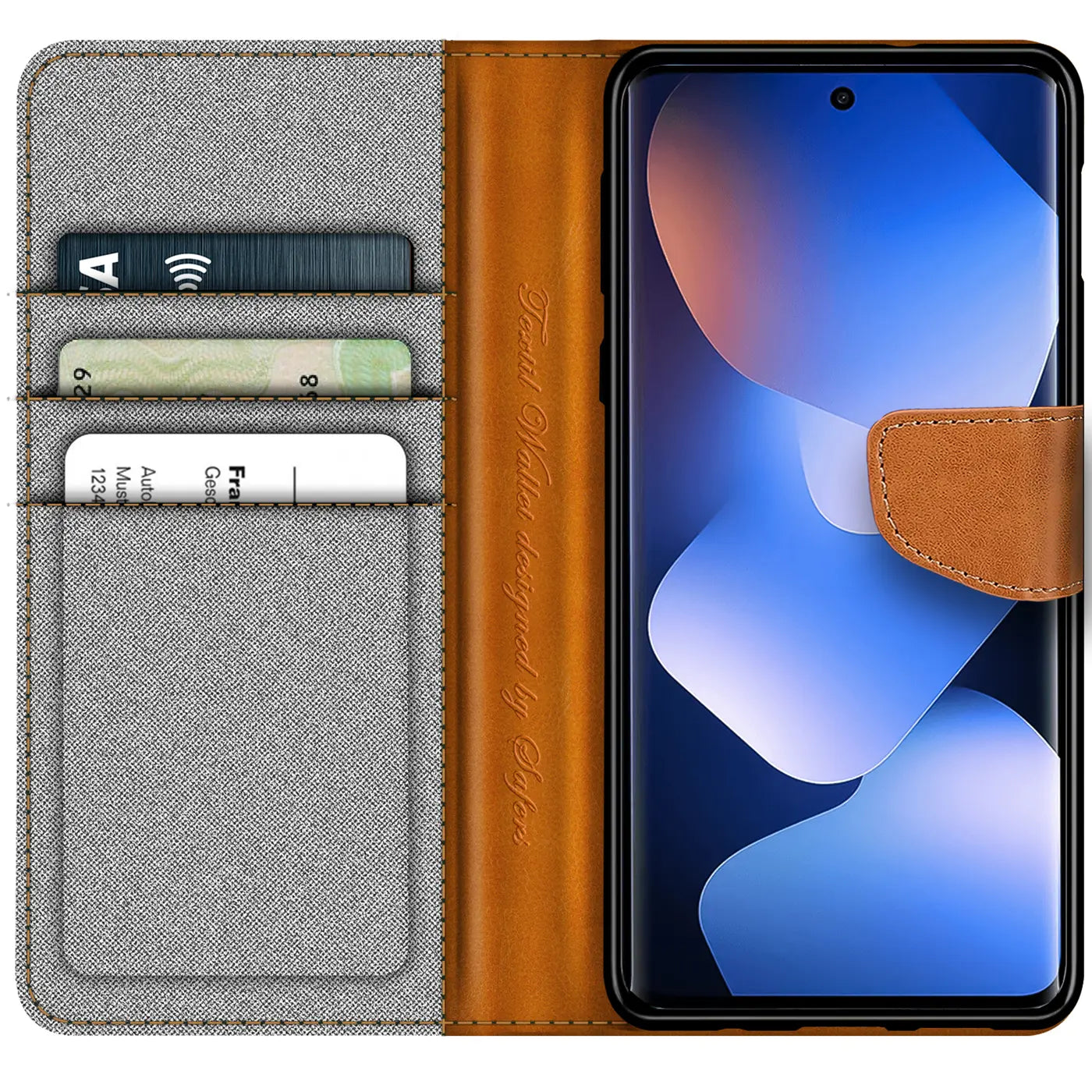 Graue Textil-Klapphülle mit braunen Lederdetails, Kartenfächern, zeigt Xiaomi Redmi Note 15 5G.