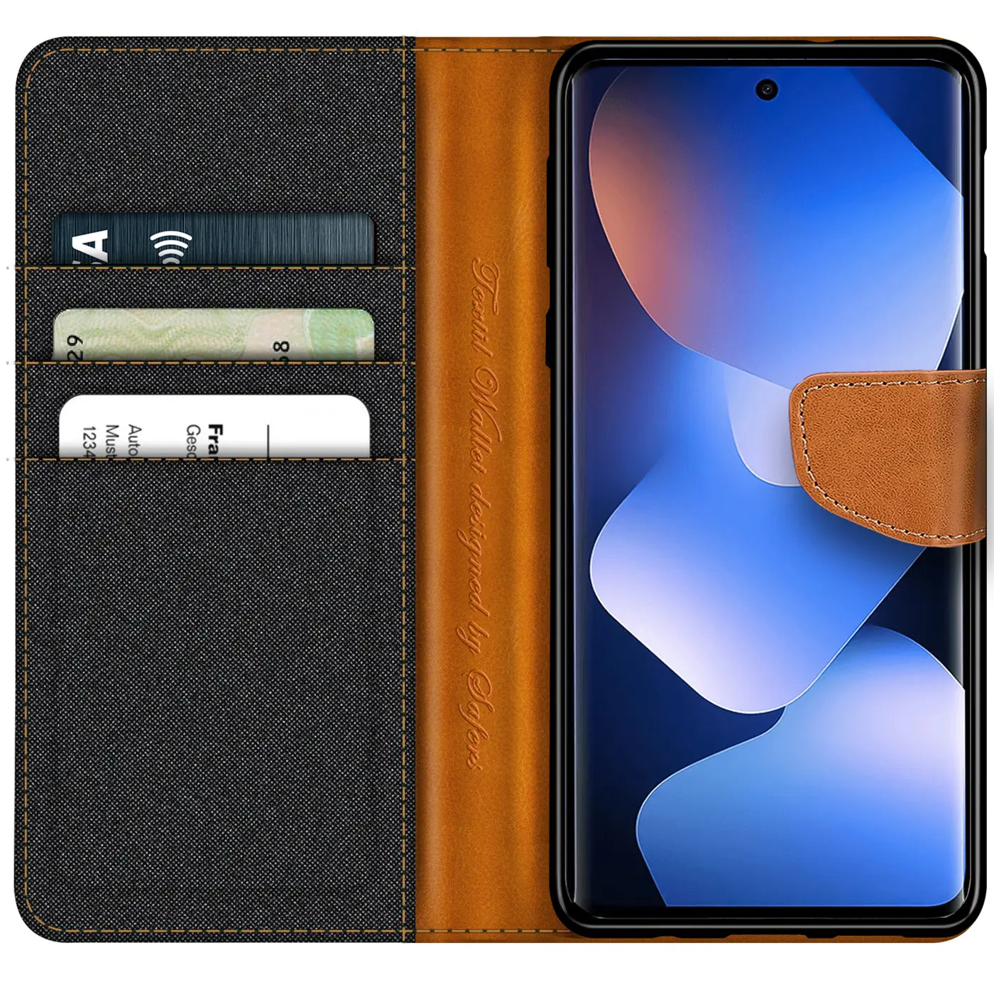 Textil-Klapphülle in Schwarz/Braun mit Kartenfach, geöffnet, zeigt Xiaomi Redmi Note 15 5G.