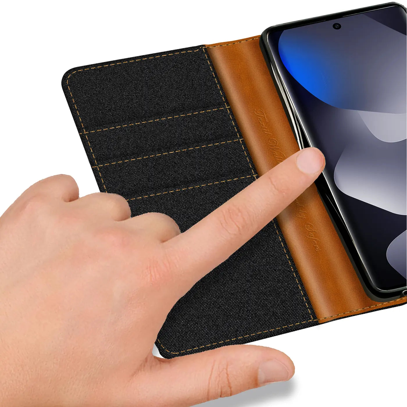 Textil-Klapphülle mit Kartenfach, braun/schwarz, Nahaufnahme, Xiaomi Redmi Note 15 5G