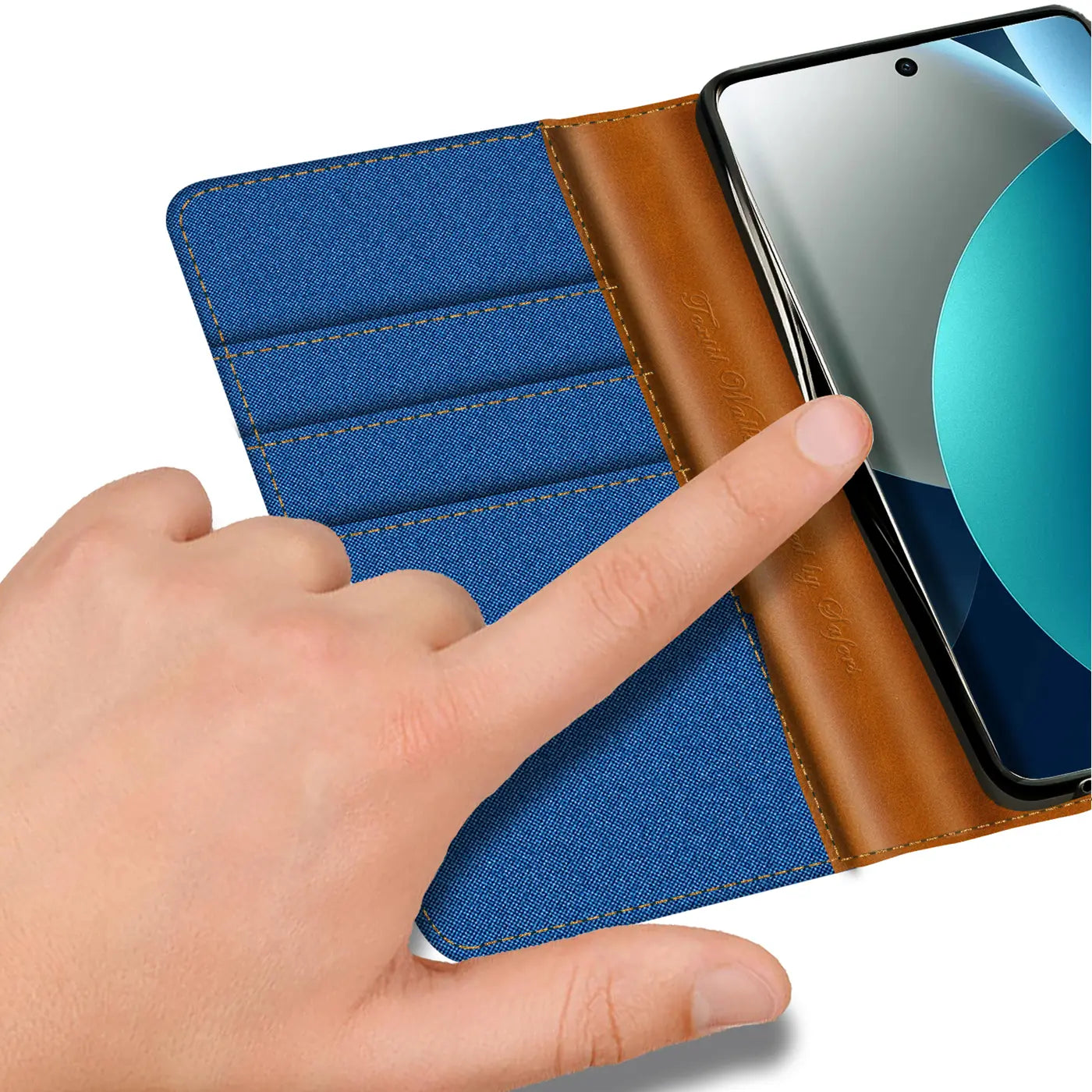 Blaue Textil-Klapphülle mit braunem Leder, Kartenfächer, Xiaomi Redmi Note 15 Pro 4G.