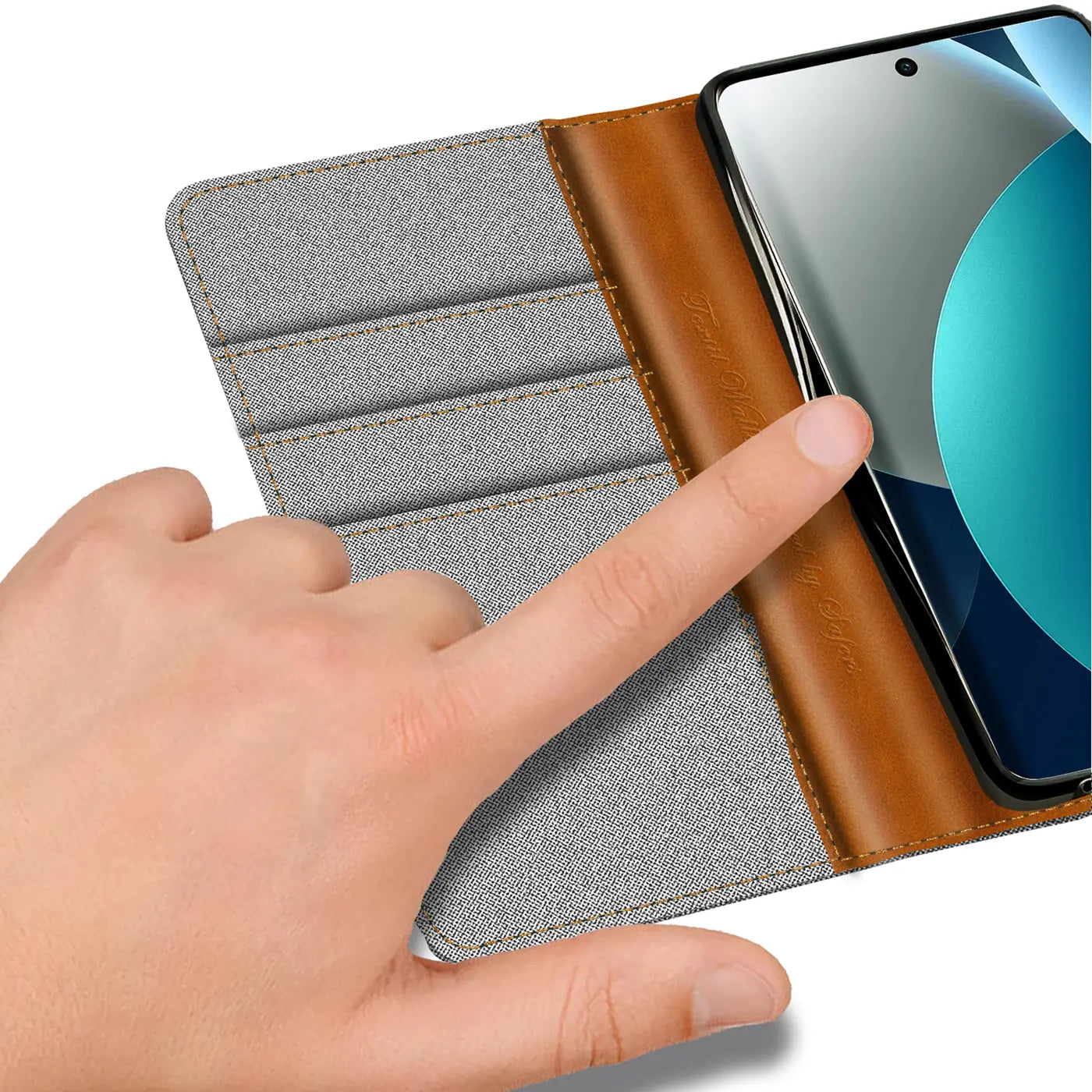 Graue Textil-Klapphülle mit braunen Lederdetails, von oben. Xiaomi Handy erkennbar.