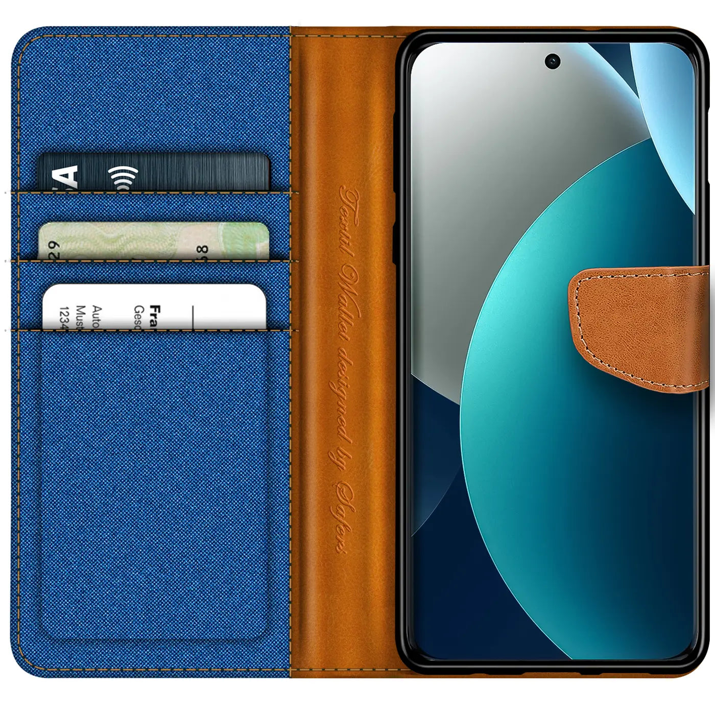 Blaue Textil-Klapphülle mit braunen Lederdetails, Kartenfächern, zeigt Xiaomi Redmi Note 15 Pro+ 5G.