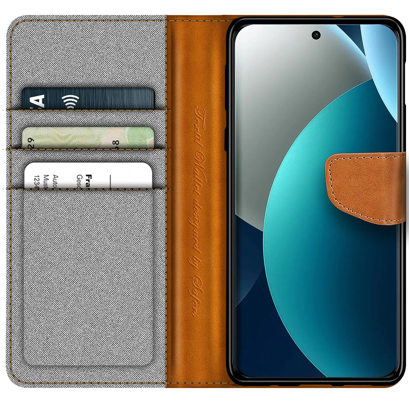 Graue Textil-Klapphülle mit braunem Leder-Kartenfach und braunem Verschluss, zeigt Smartphone.