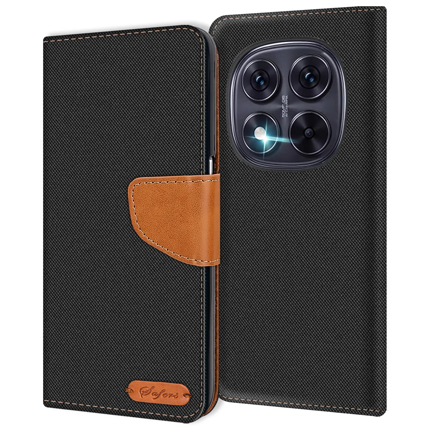Schwarze Textil-Klapphülle mit braunem Lederakzent, Vorderansicht, zeigt Kamera von Xiaomi 13 Pro.