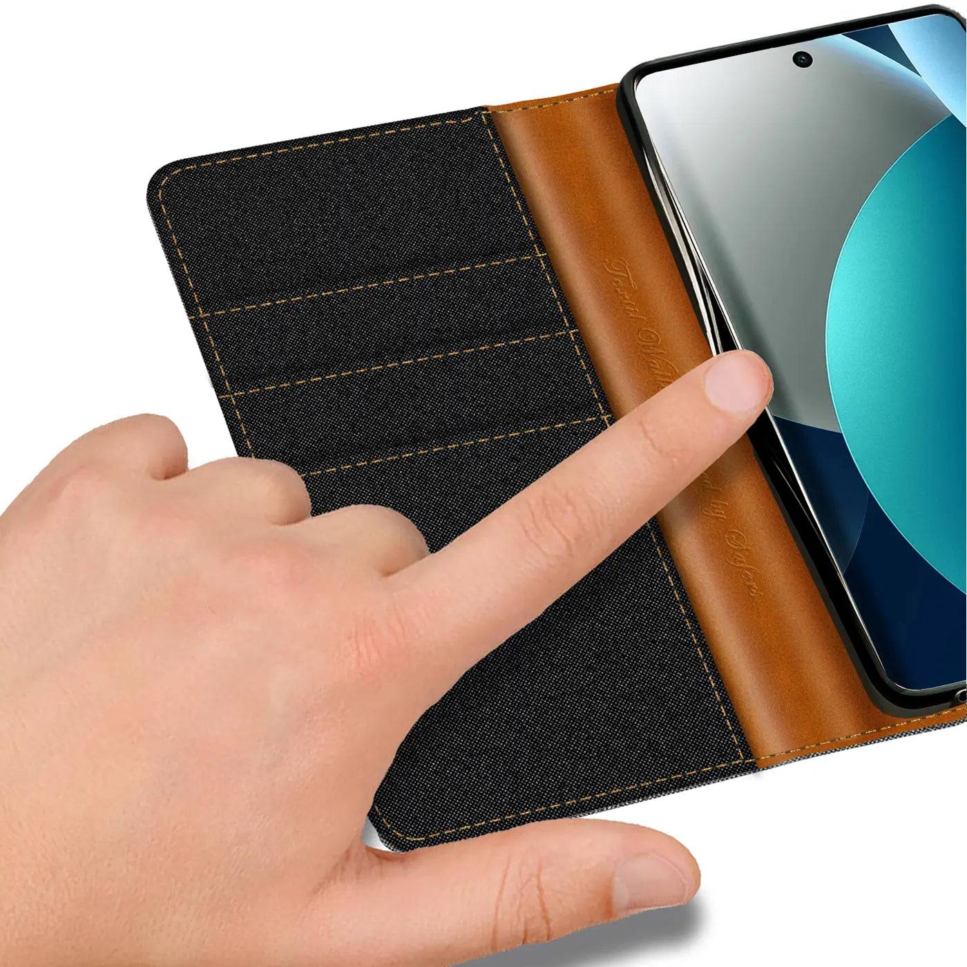 Textil-Klapphülle mit Kartenfach, braun/schwarz, Nahaufnahme, Xiaomi Handy.