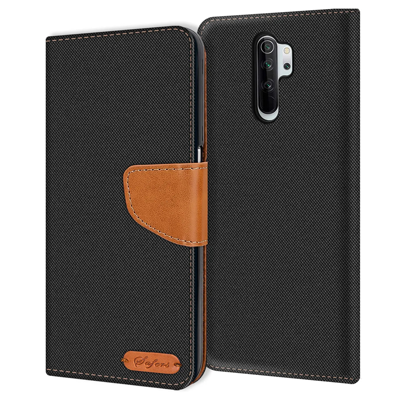 Schwarze Textil-Klapphülle mit braunem Lederakzent für Xiaomi Redmi Note 8 Pro.