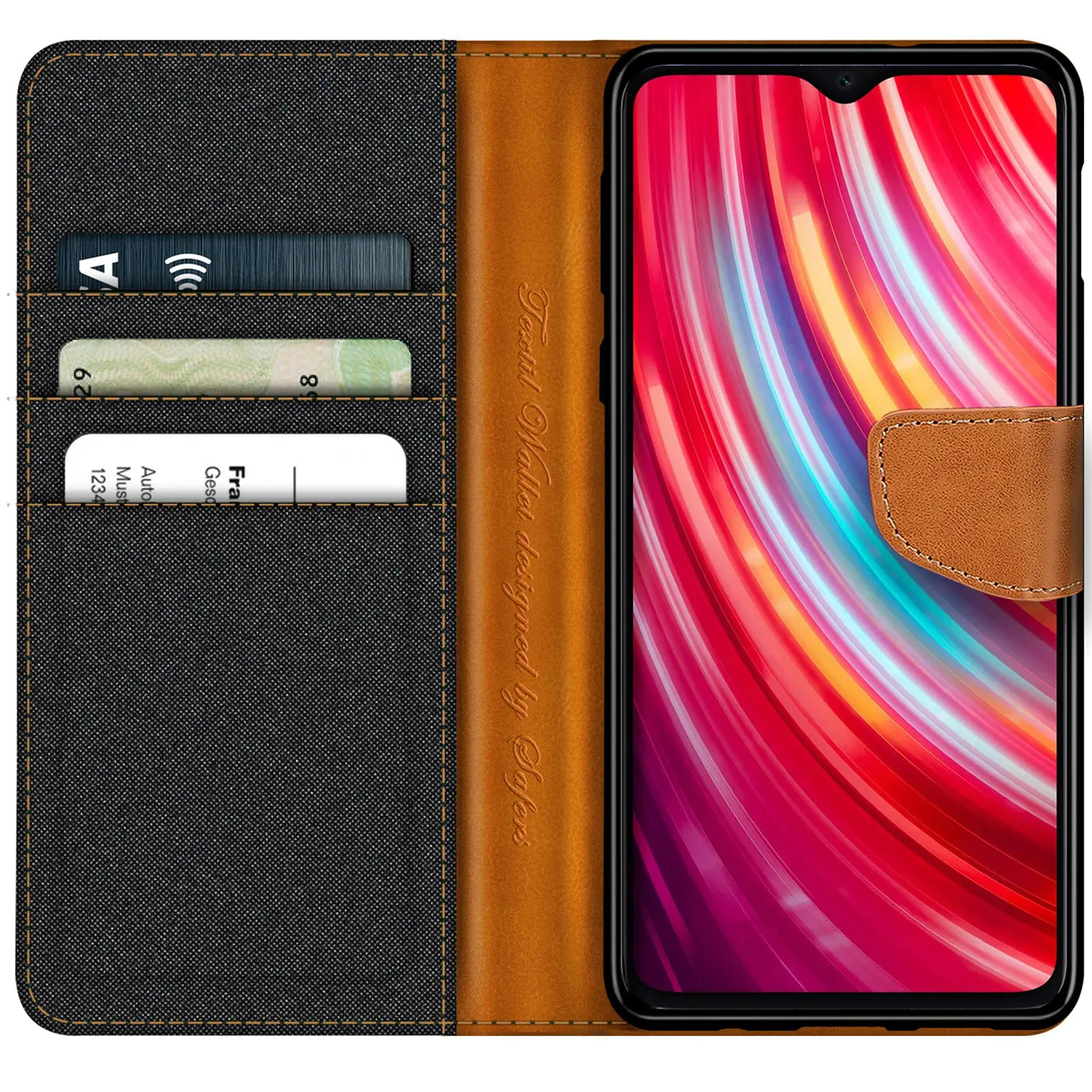 Xiaomi Redmi Note 8 Pro Klapphülle, Textil/Leder, Kartenfach, von vorne